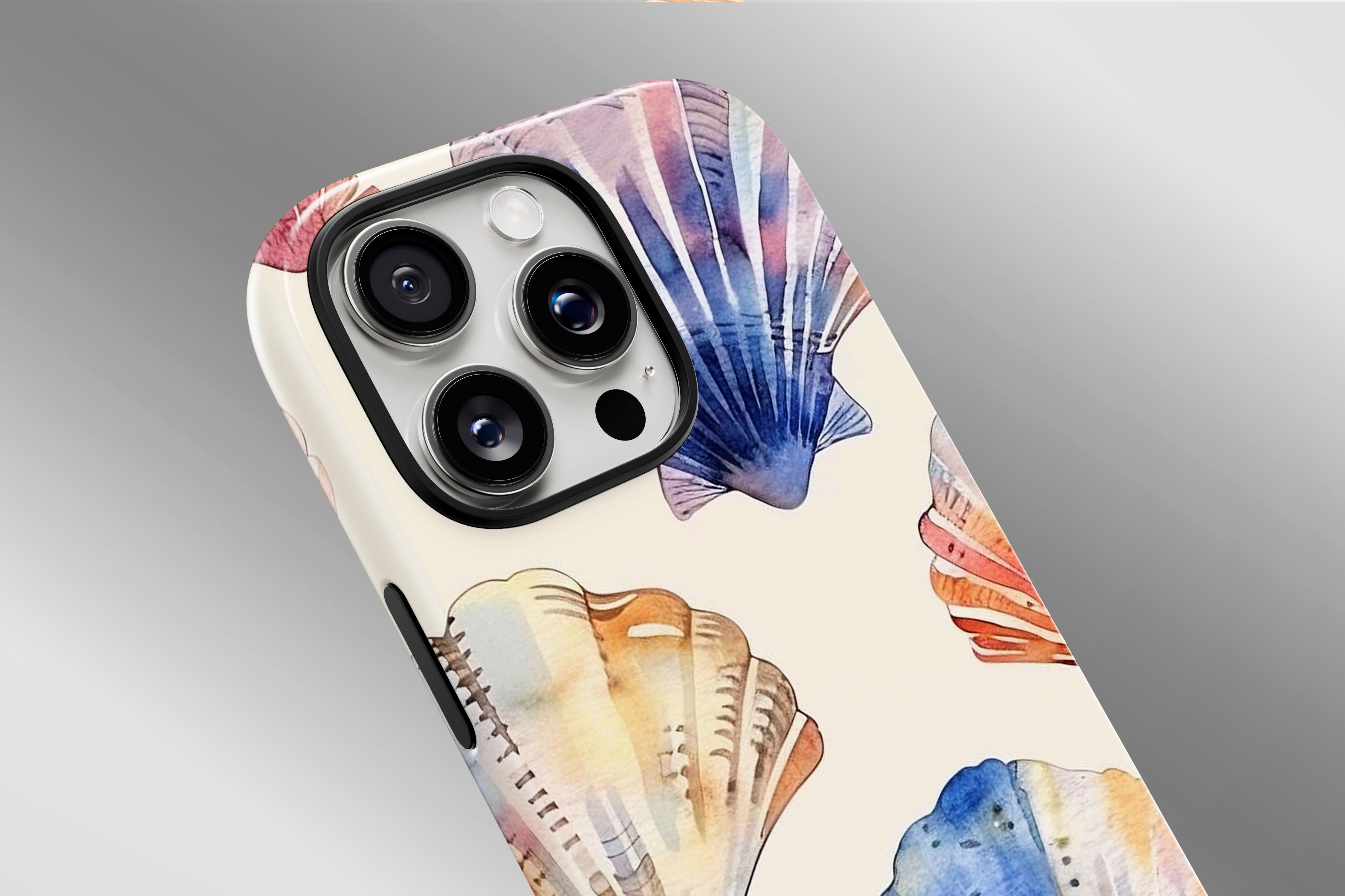 A close up image of a phone case featuring our Shells design