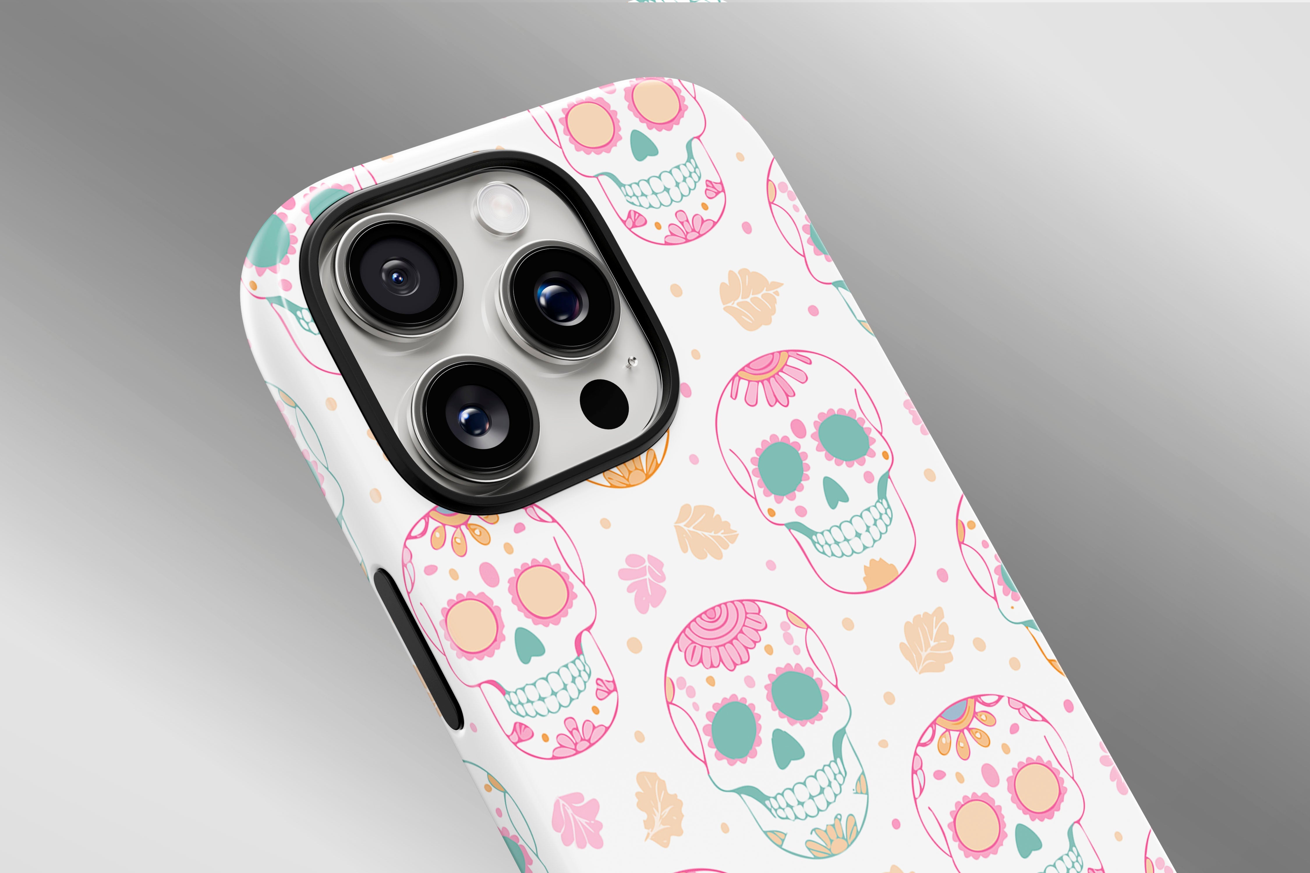 A close up image of a phone case featuring our Sugar Skull design