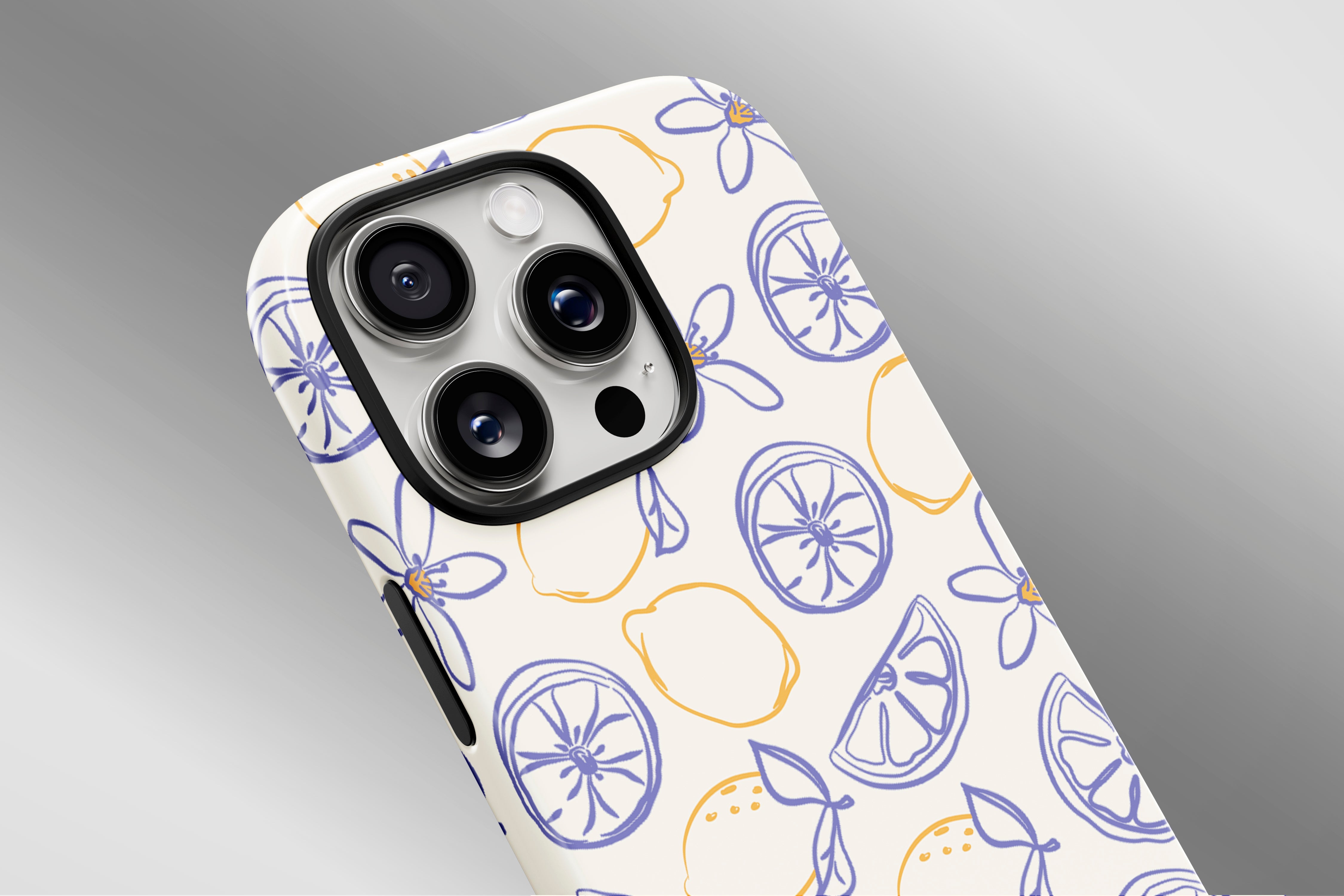 A close up image of a phone case featuring our Artful Lemons  design
