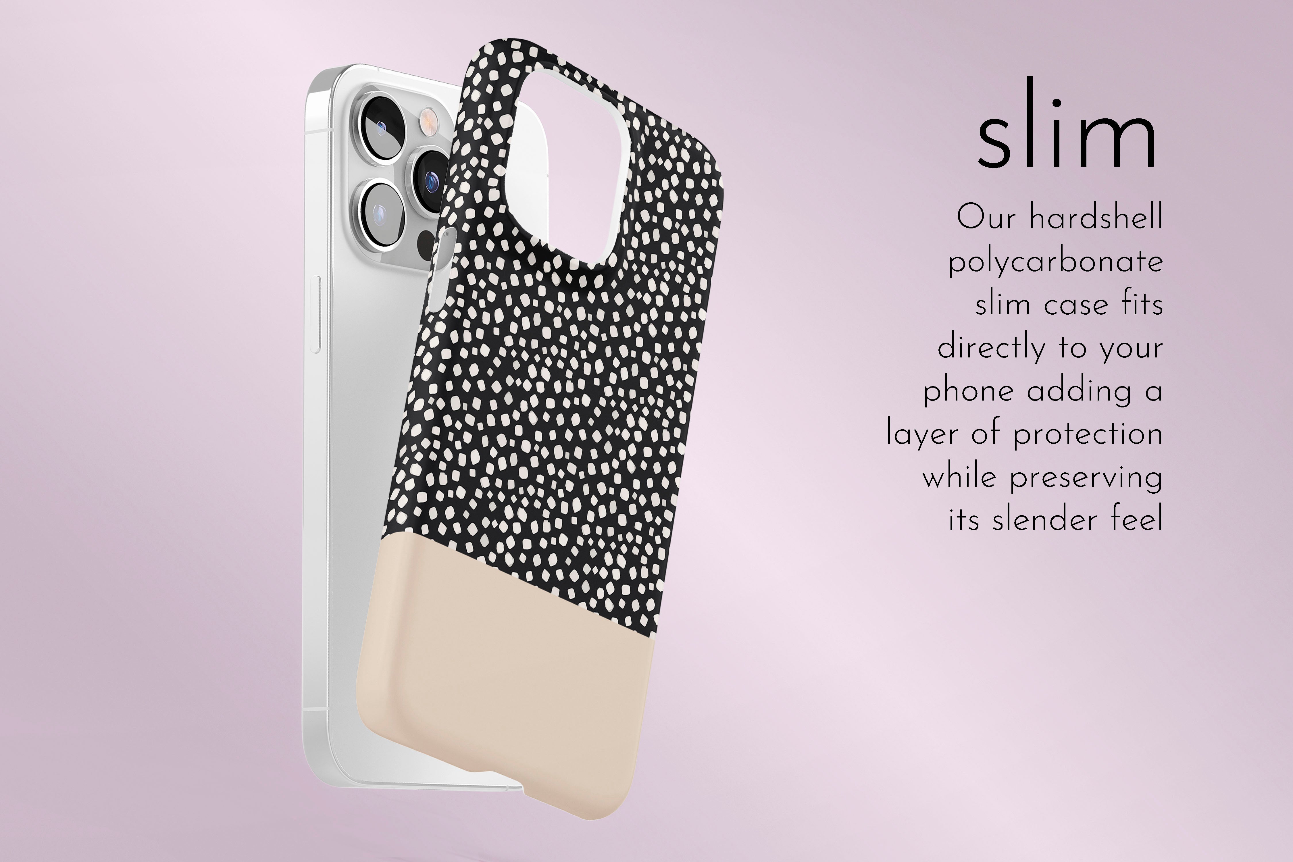 A graphic illustration of our Black Spots design describing the main features of our slim type phone case