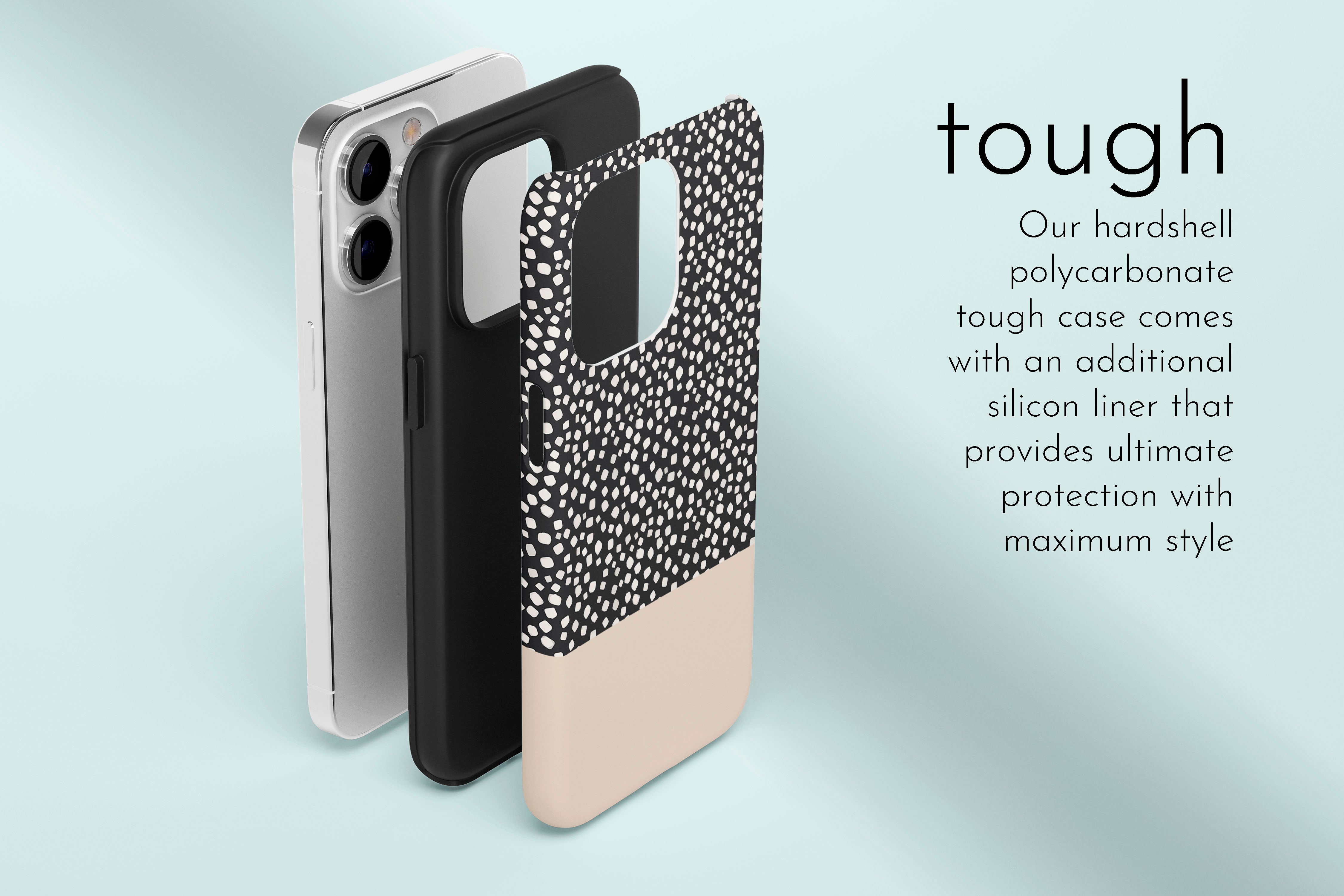 A graphic illustration of our Black Spots design describing the main features of our tough type phone case