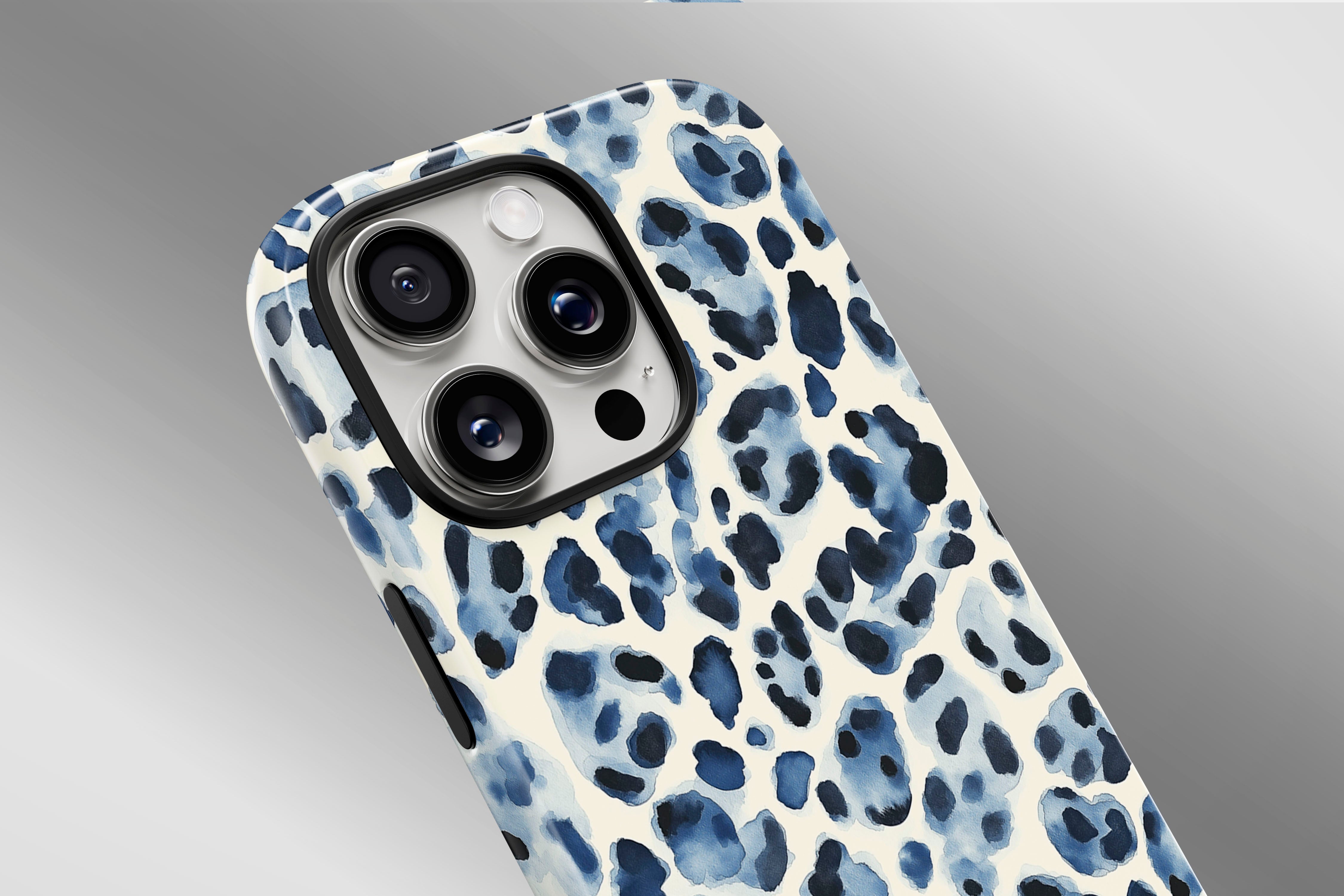 A close up image of a phone case featuring our Blue Leopard  design