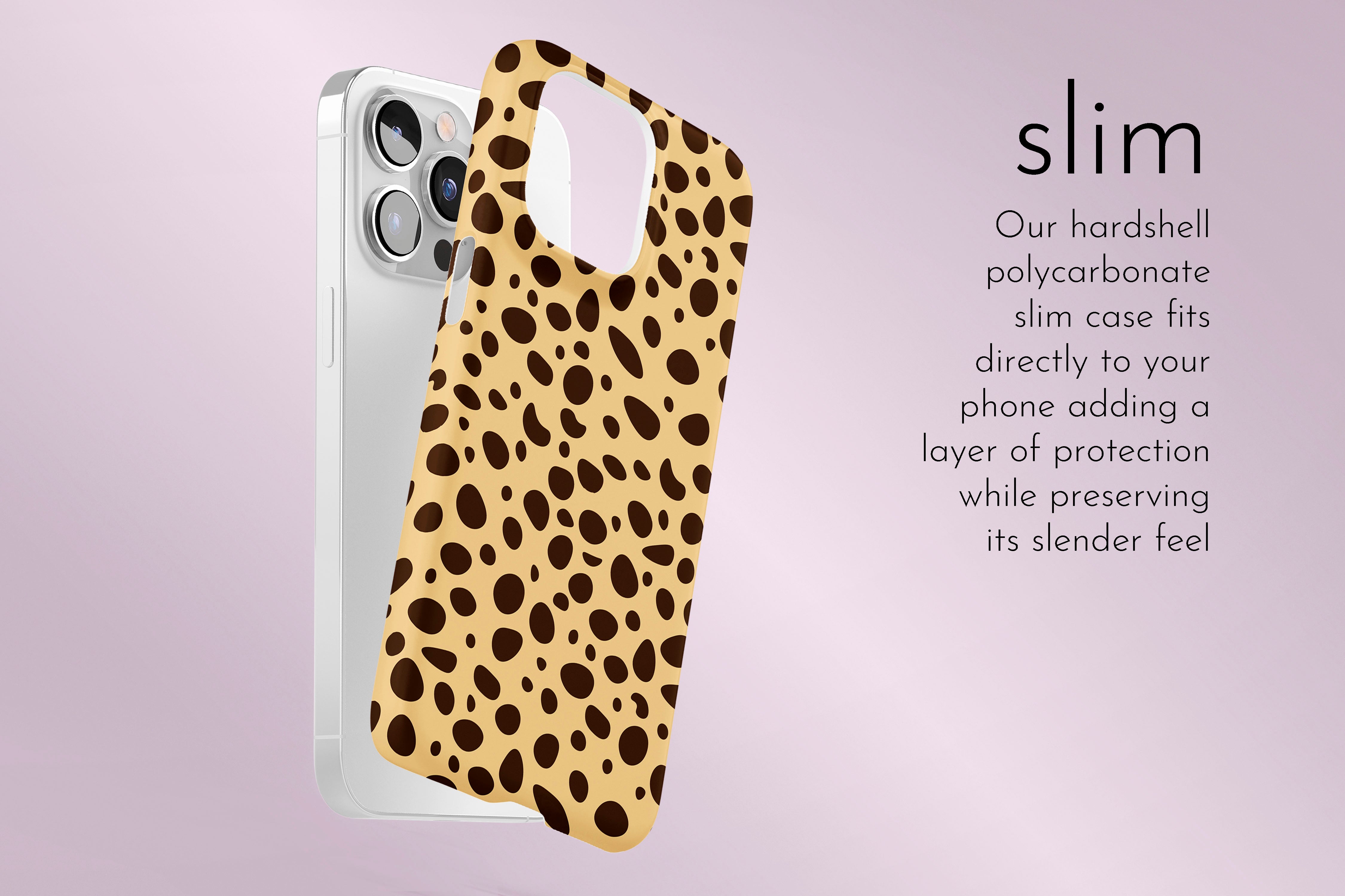 A graphic illustration of our Cheetah Cheetah design describing the main features of our slim type phone case