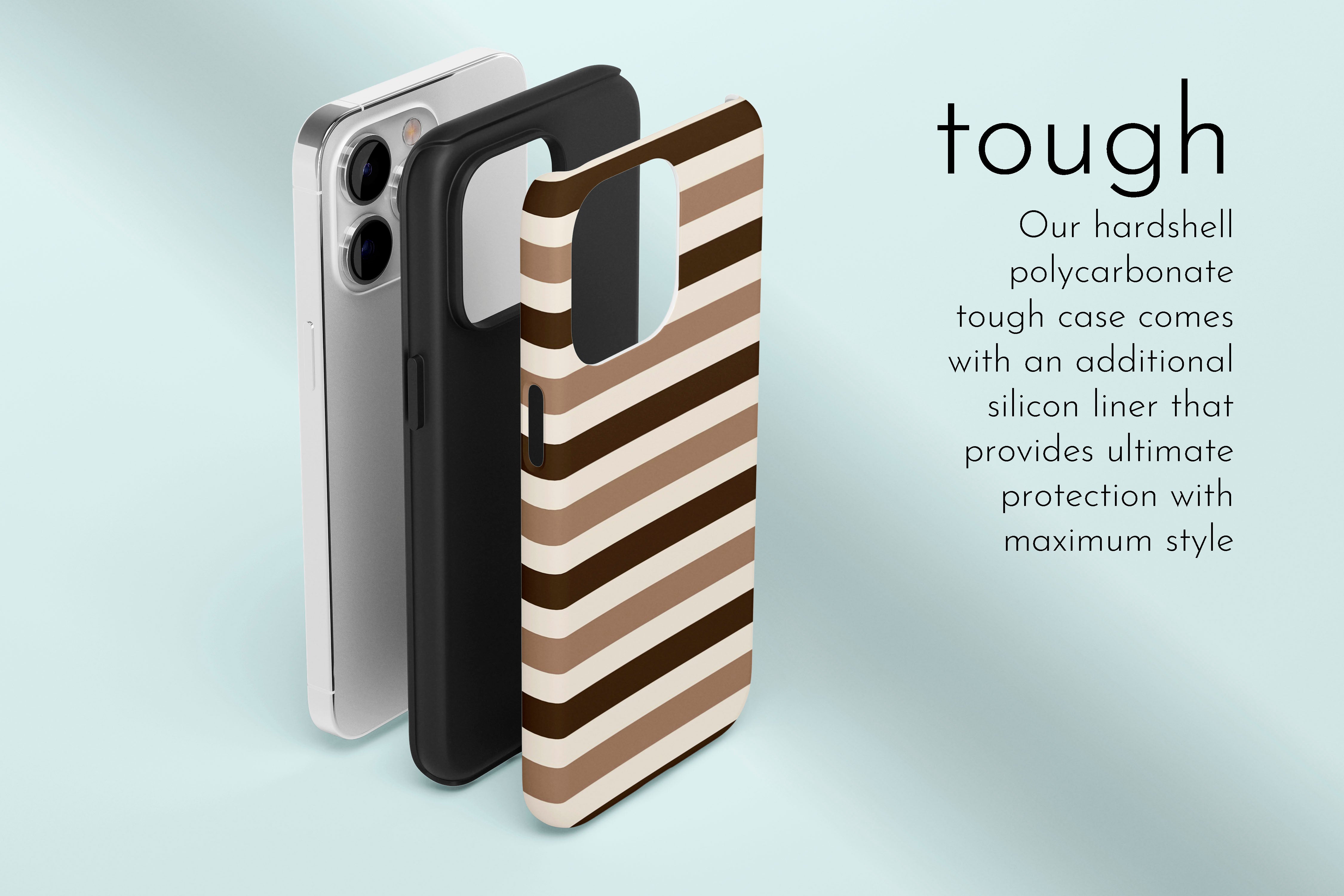 A graphic illustration of our Chocolate Ice Cream design describing the main features of our tough type phone case