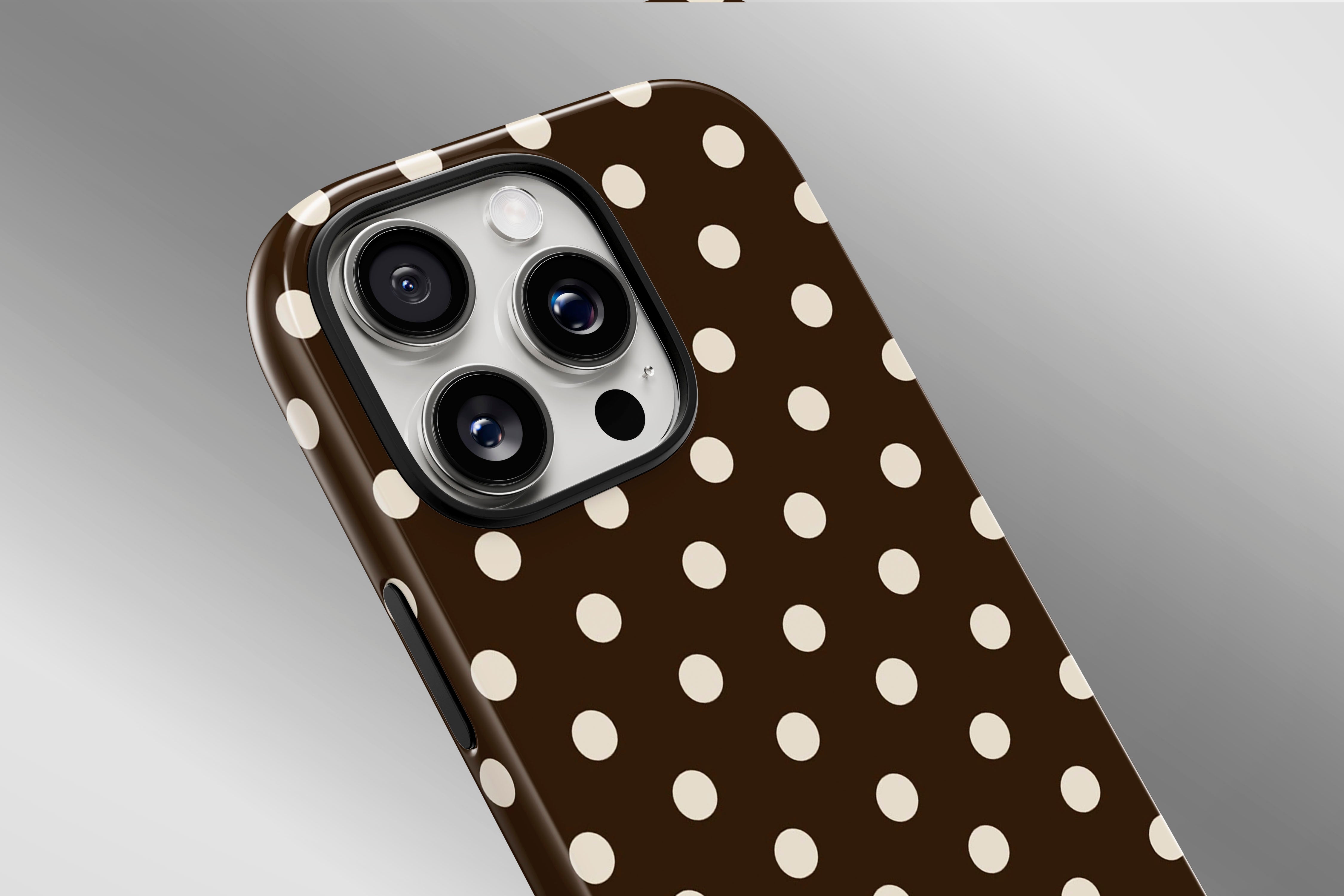 A close up image of a phone case featuring our Chocolate Spot design