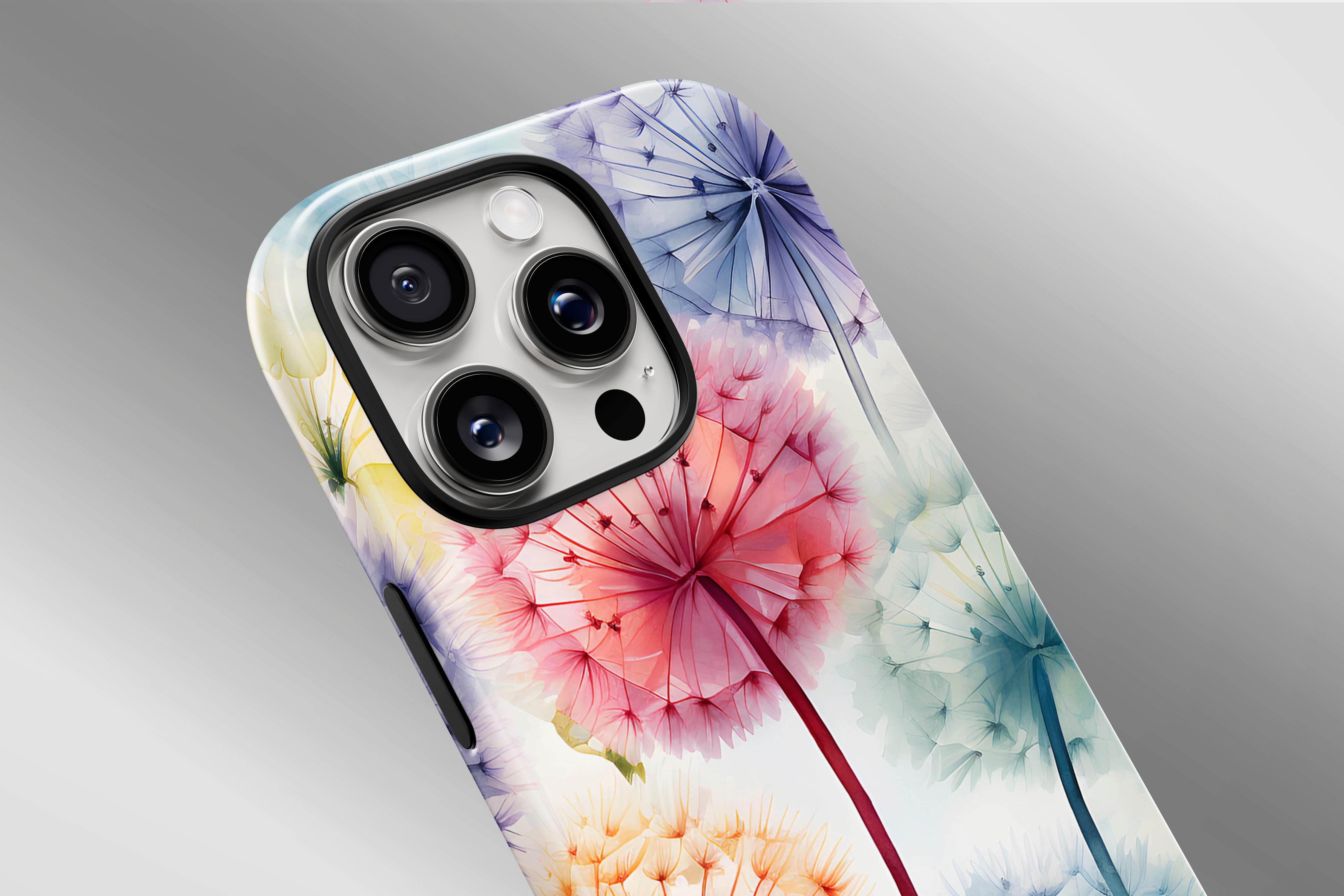 A close up image of a phone case featuring our Dandelion Dream design