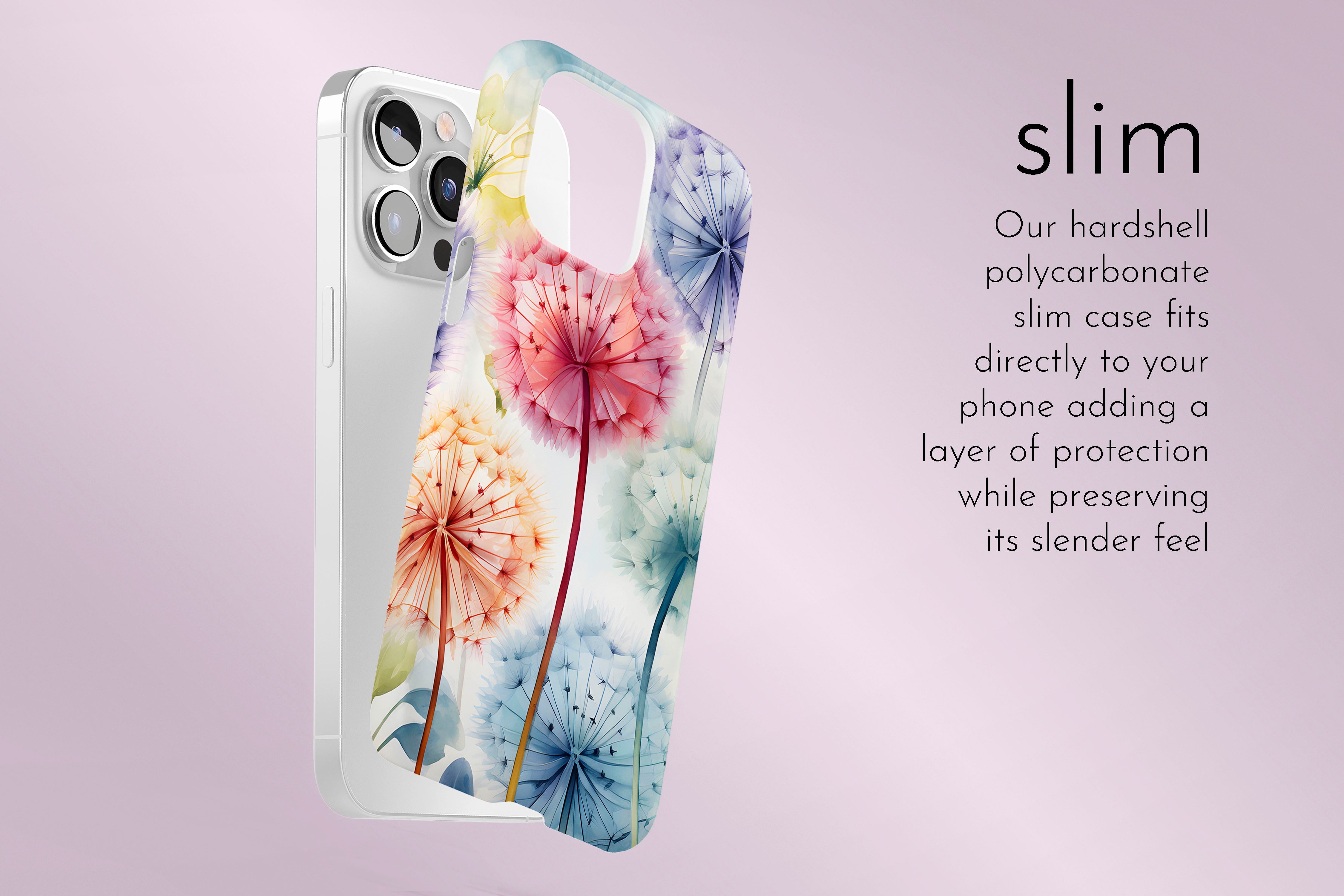 A graphic illustration of our Dandelion Dream design describing the main features of our slim type phone case