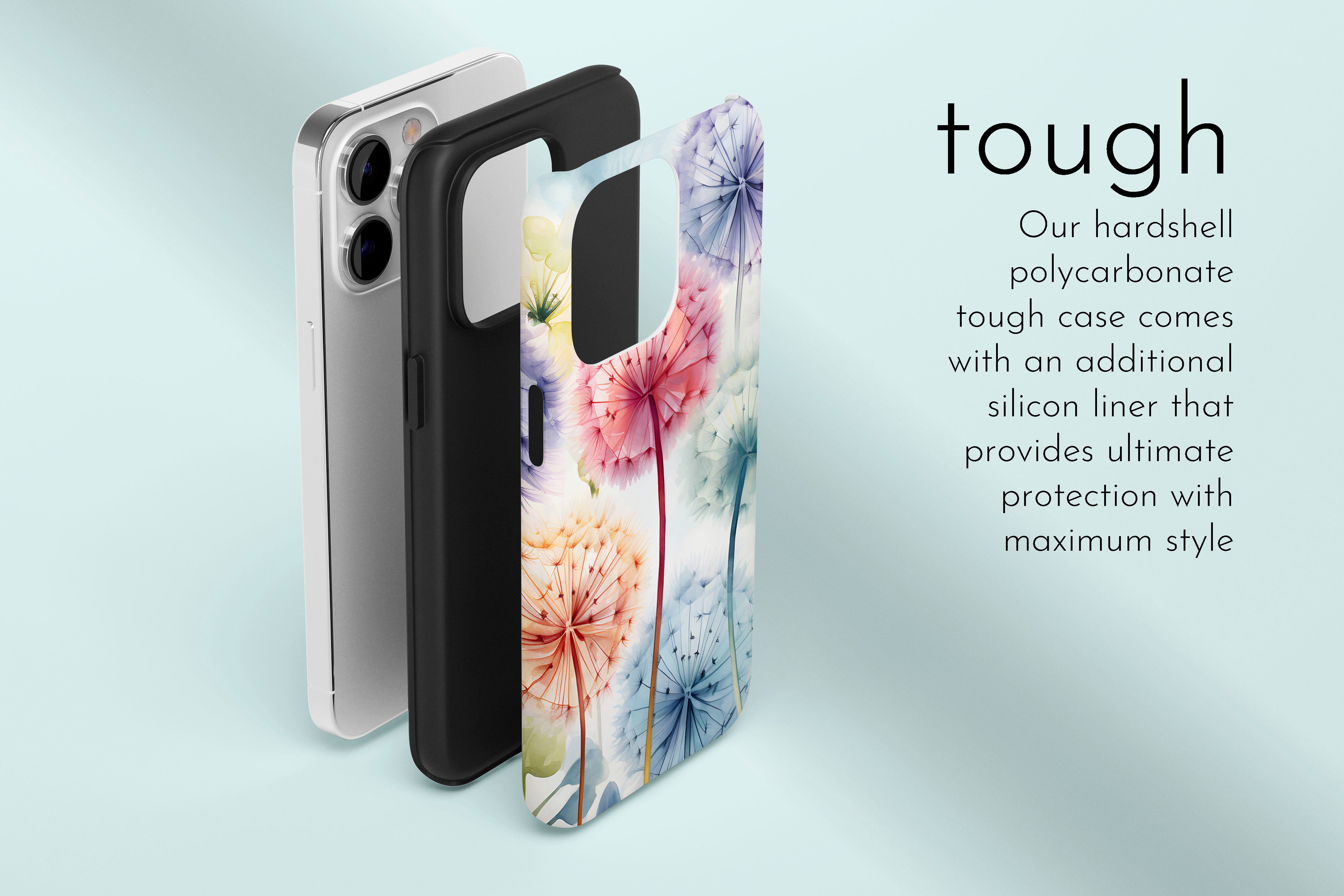 A graphic illustration of our Dandelion Dream design describing the main features of our tough type phone case