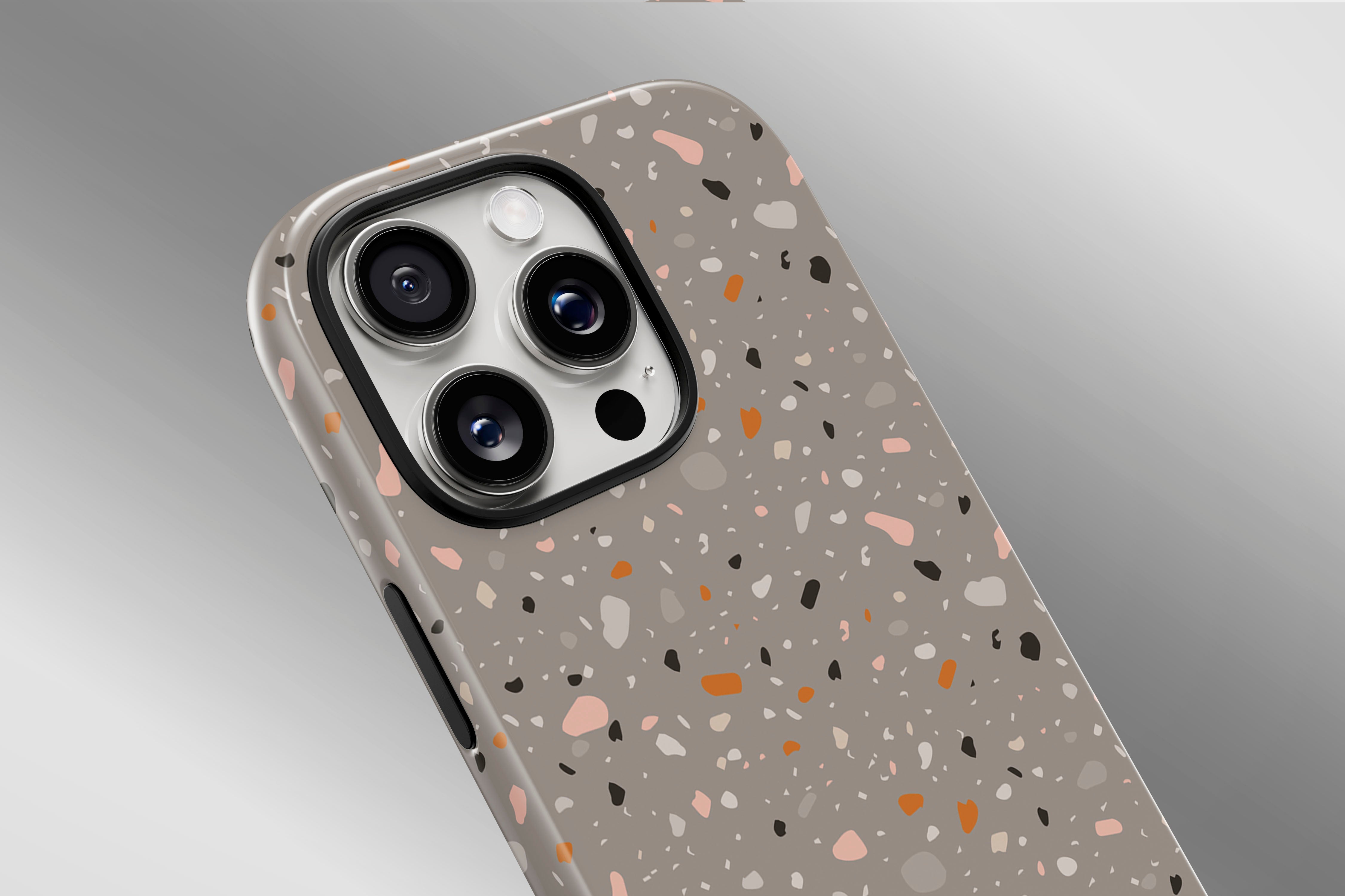 A close up image of a phone case featuring our Dark Mosaic design