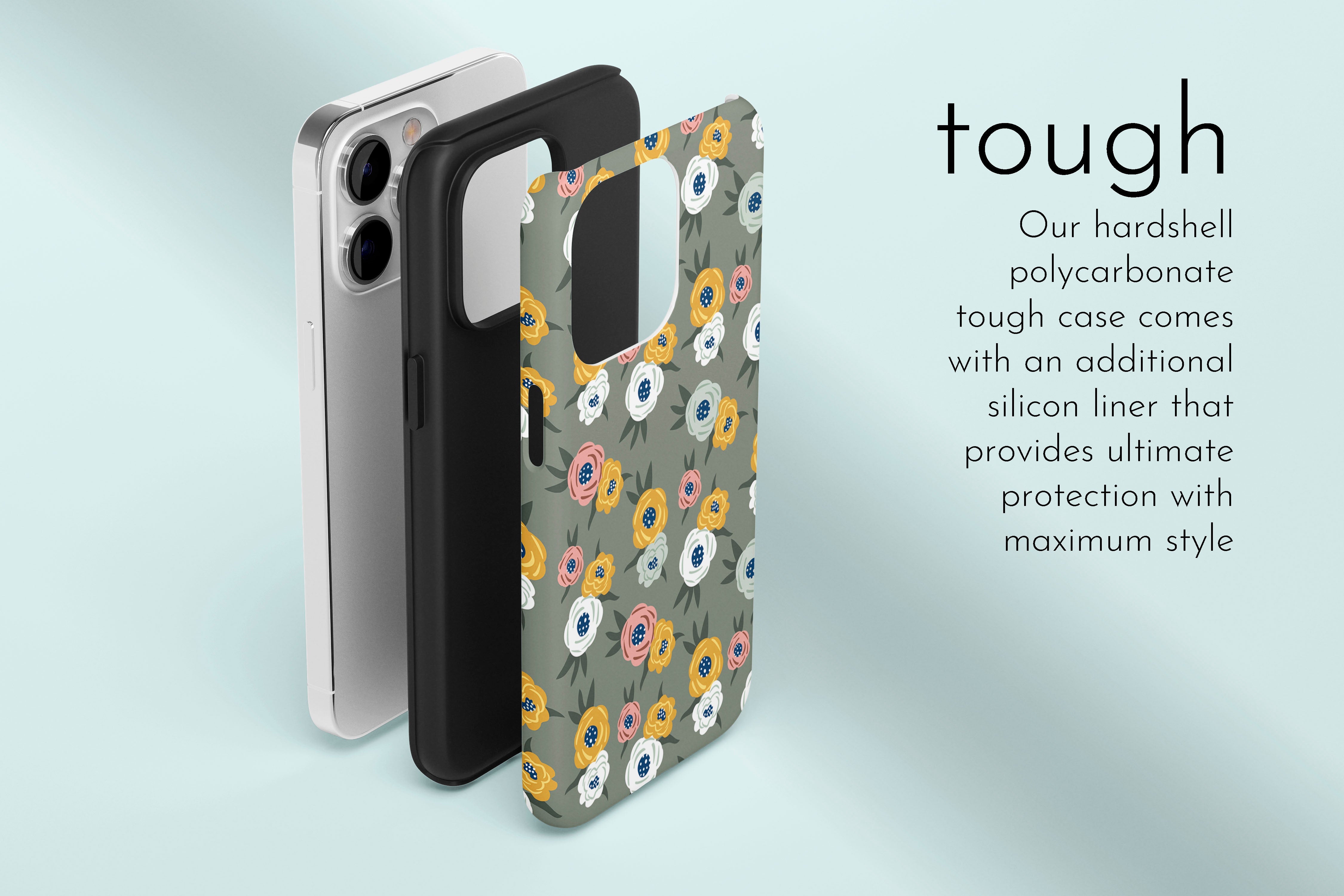 A graphic illustration of our Green Floral design describing the main features of our tough type phone case
