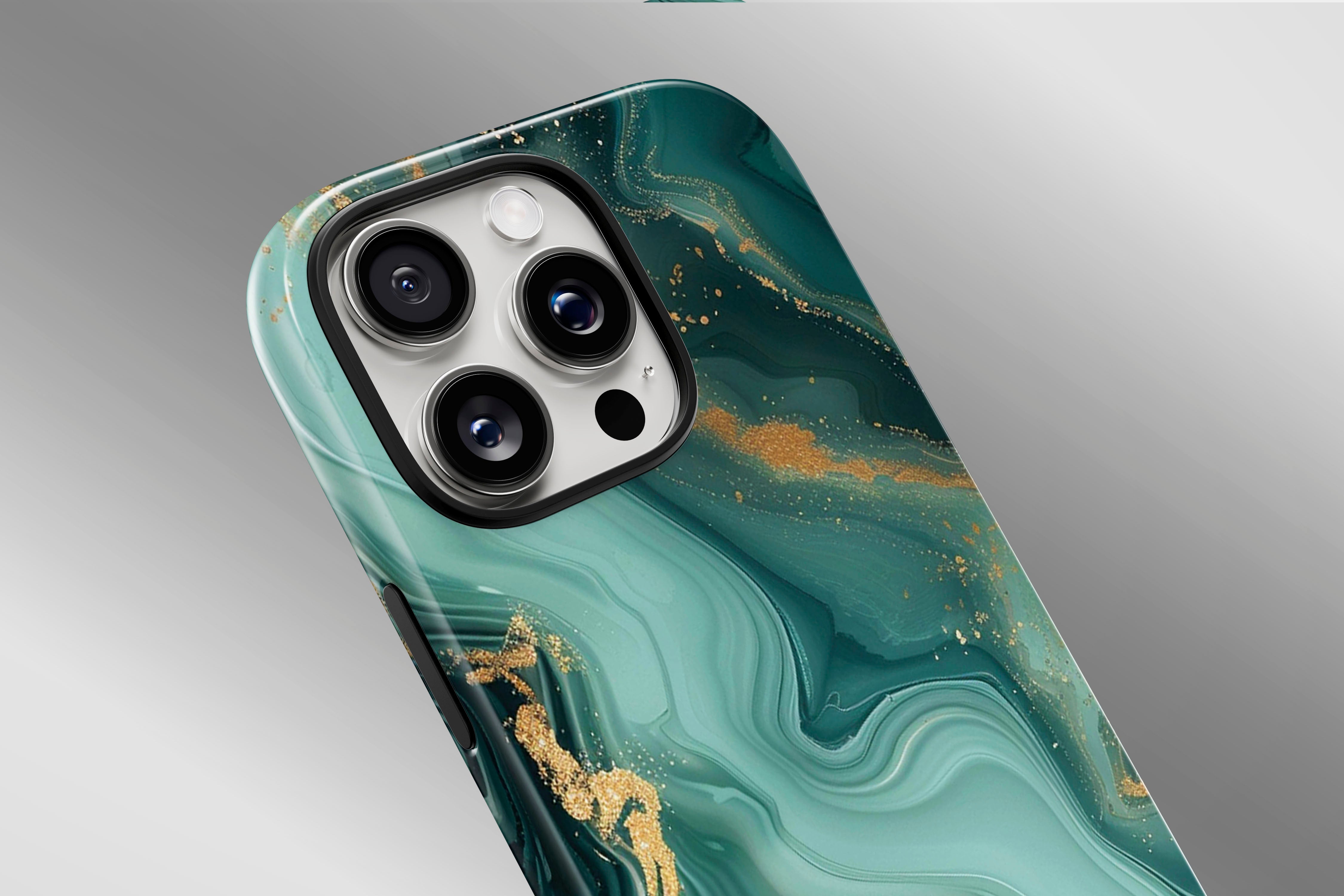 A close up image of a phone case featuring our Green Marble design
