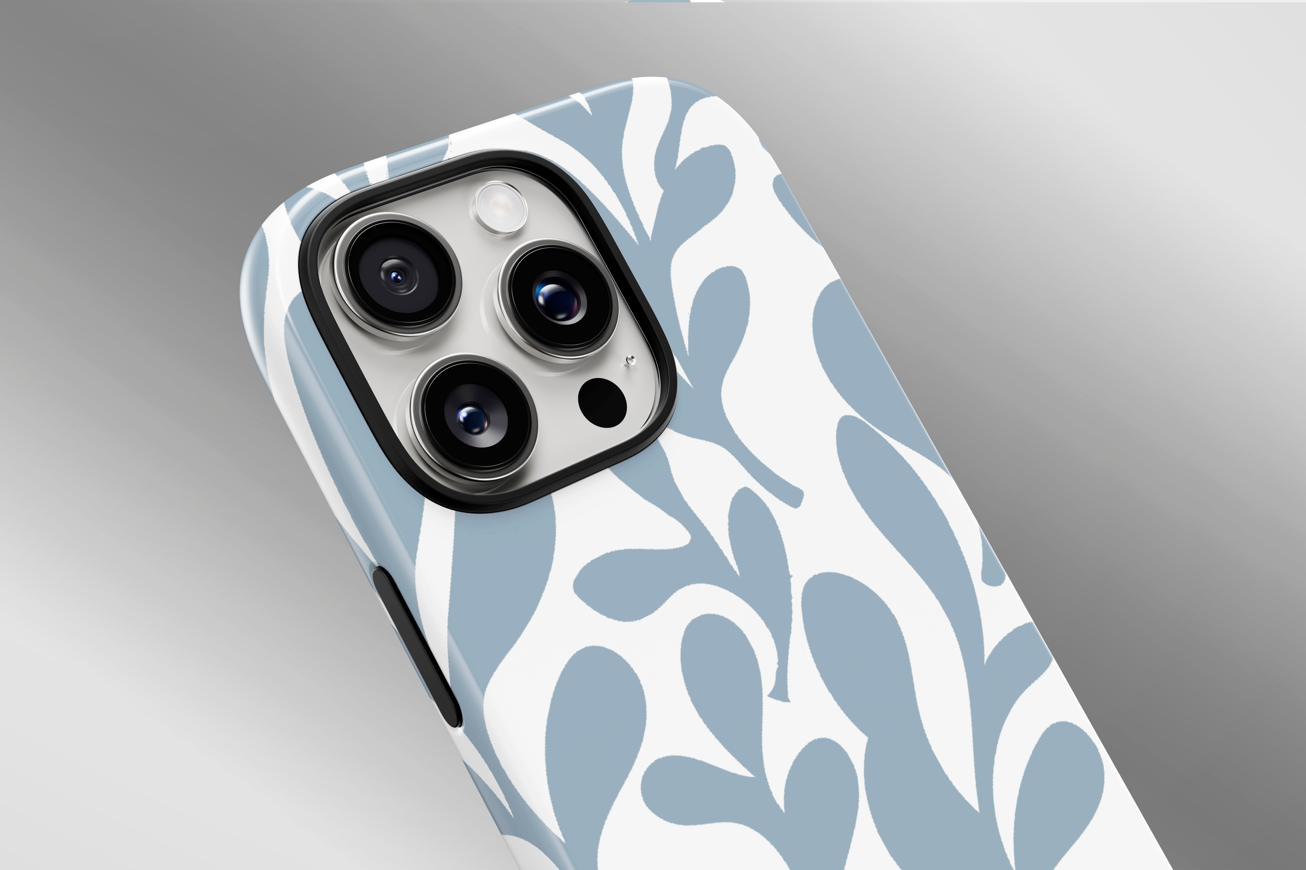 A close up image of a phone case featuring our Ice Blue Leaf design