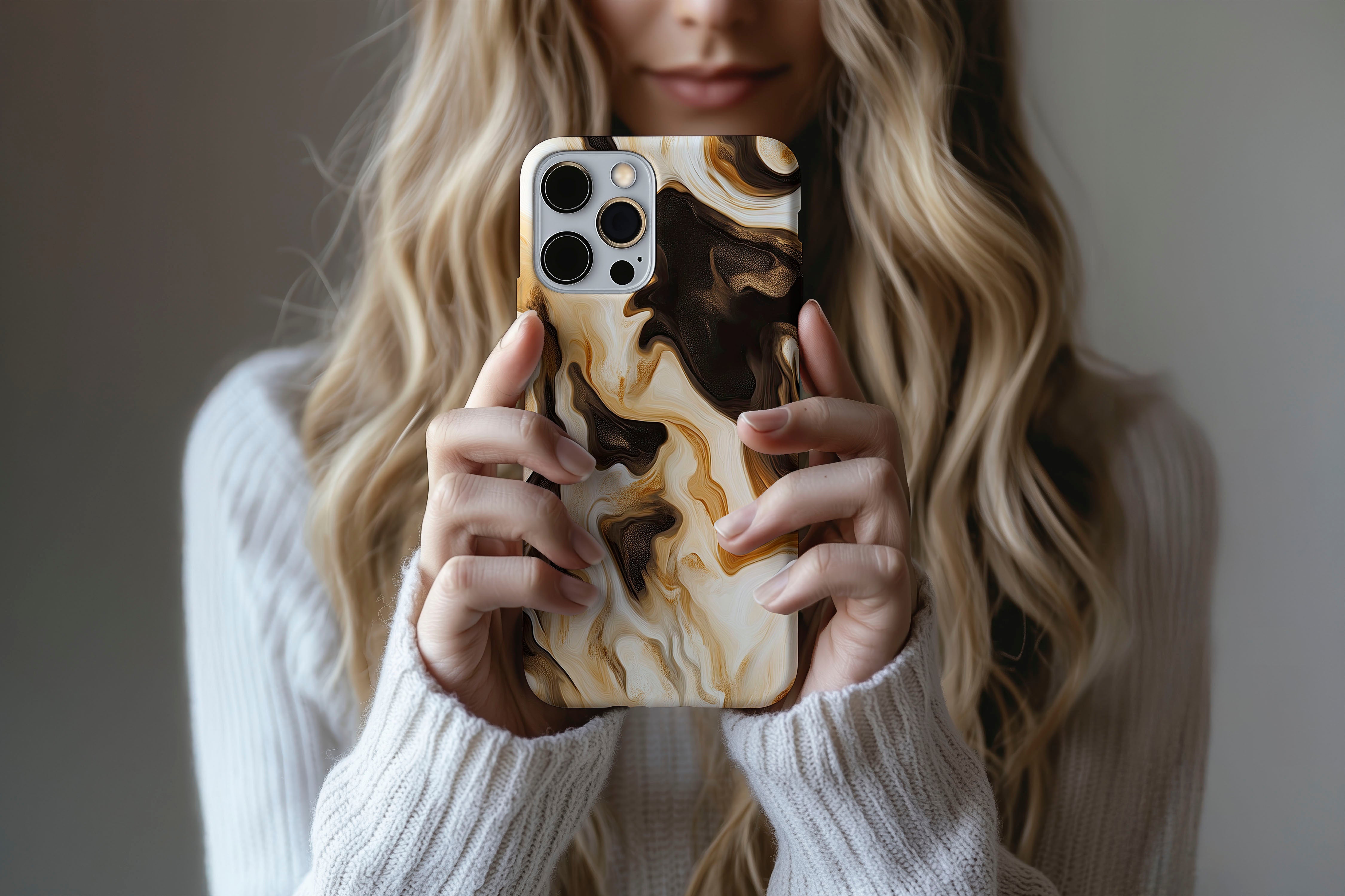 A cute girl holding a phone case featuring our Ice Latte design