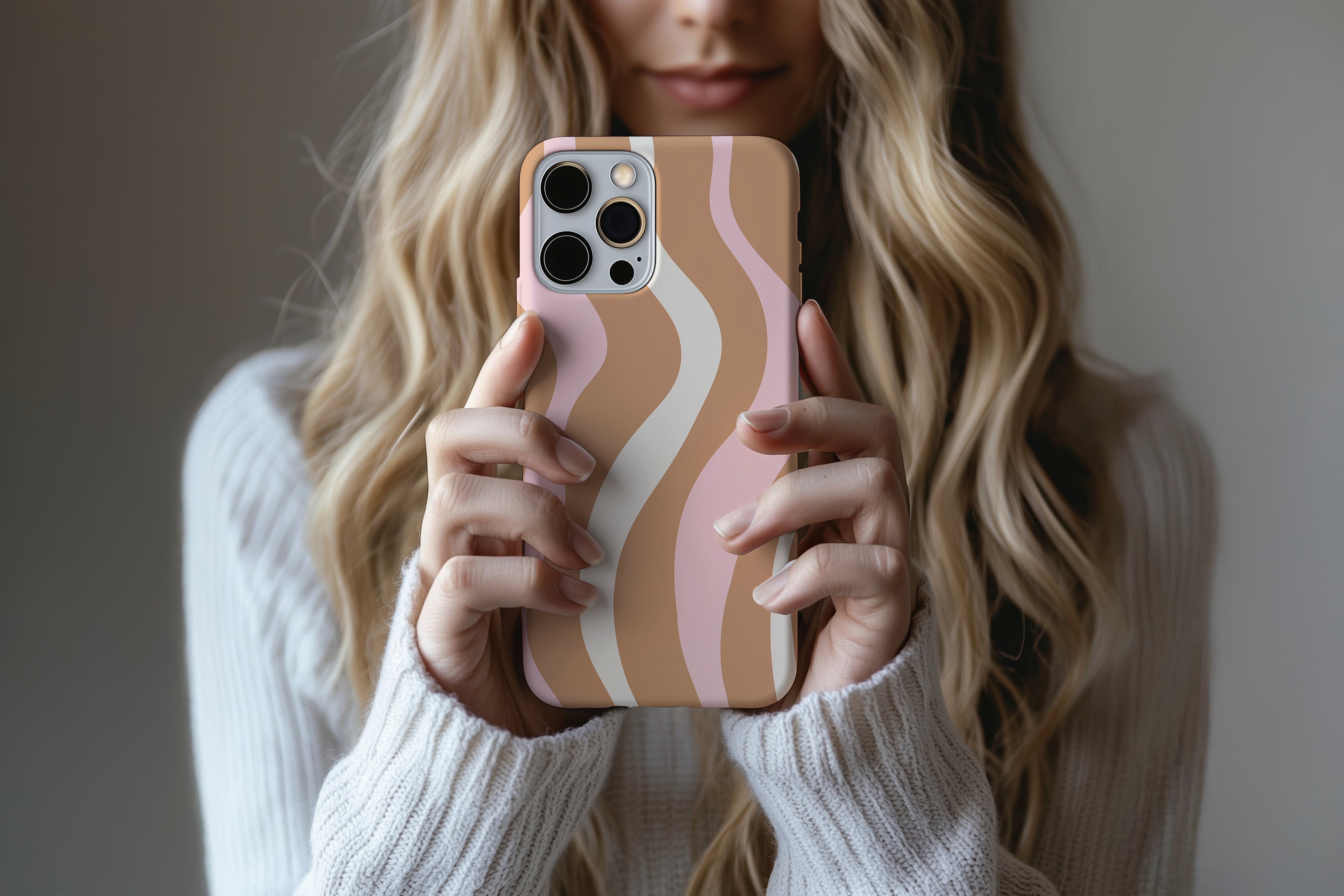 A cute girl holding a phone case featuring our Neopolitan  design
