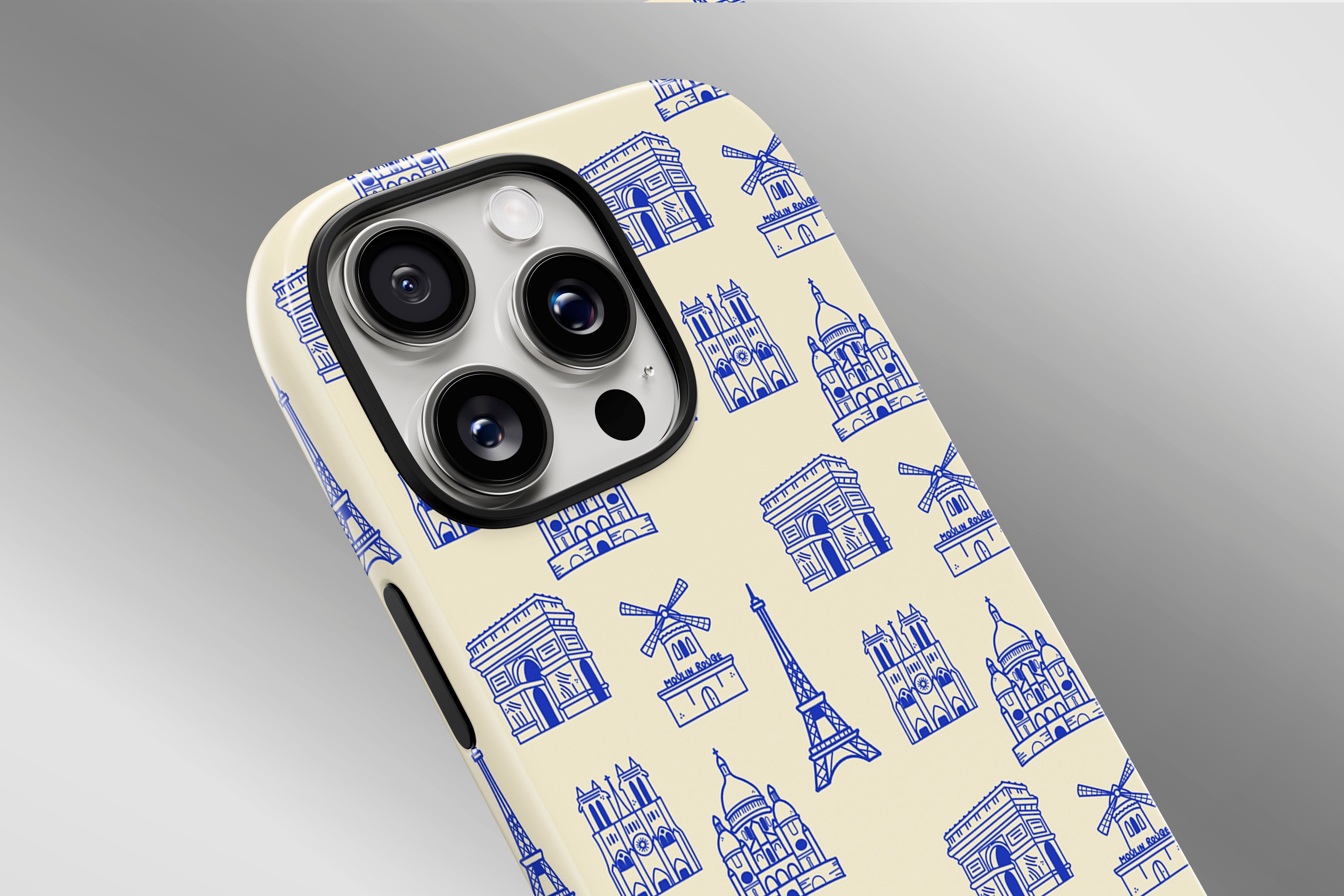 A close up image of a phone case featuring our Paris design