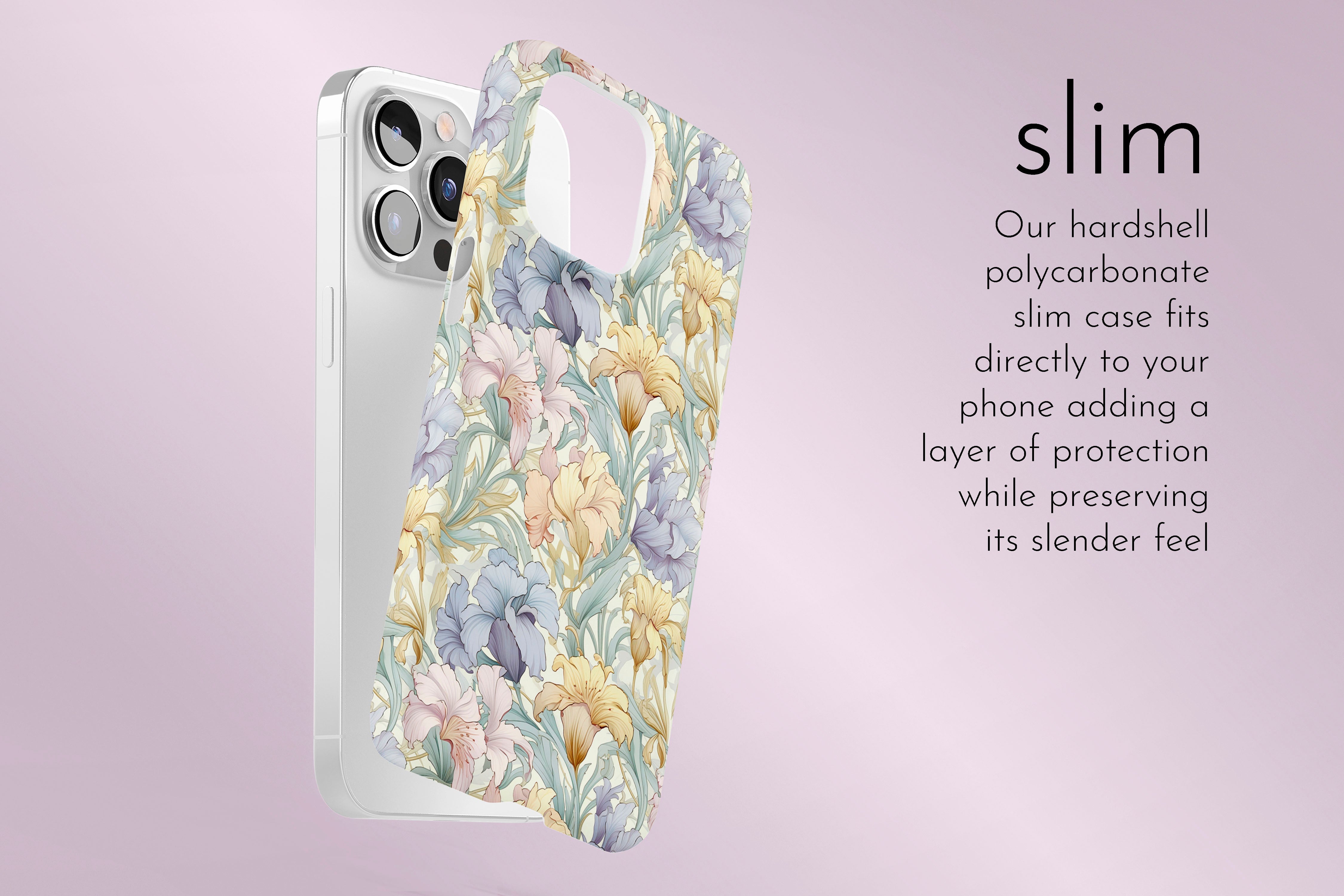 A graphic illustration of our Pastel Dream design describing the main features of our slim type phone case