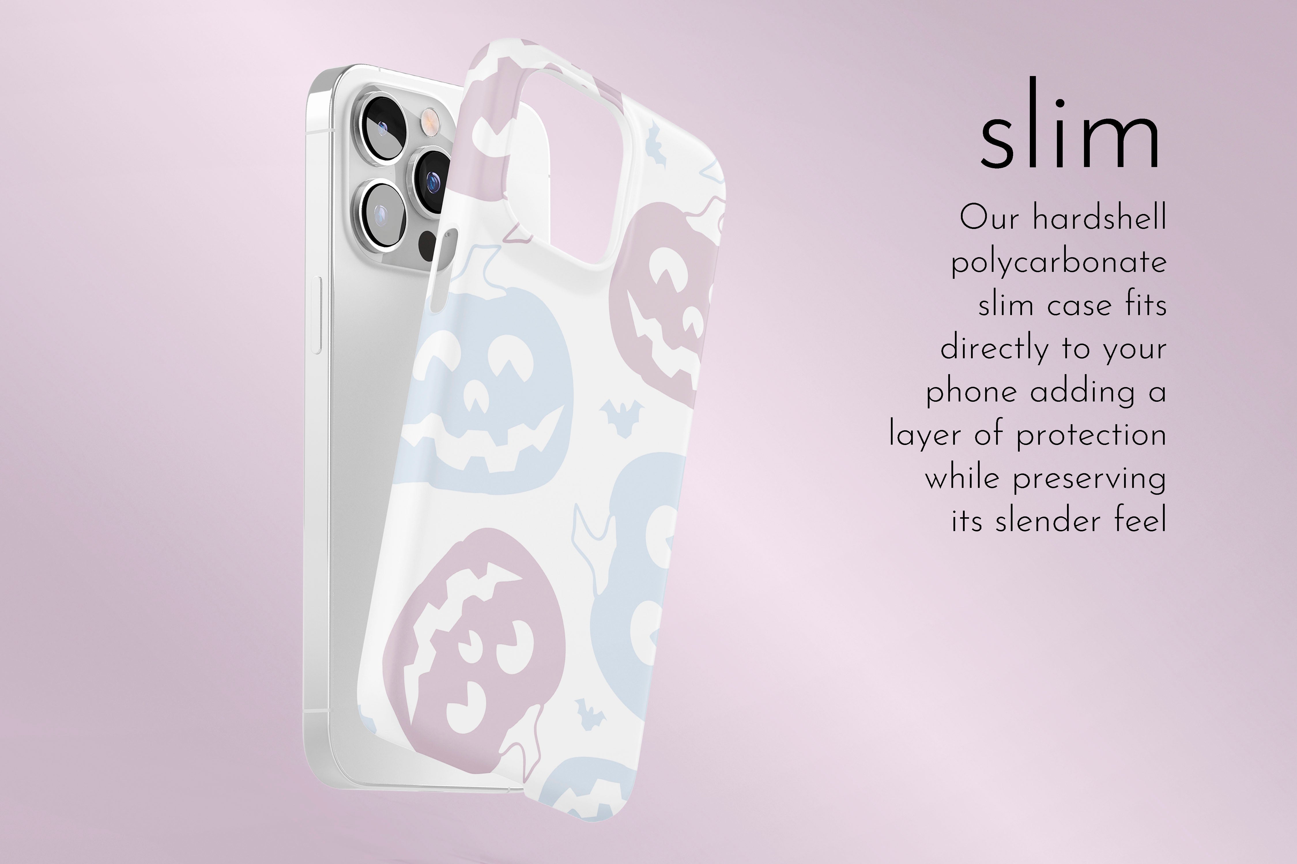 A graphic illustration of our Pastel Pumpkin design describing the main features of our slim type phone case