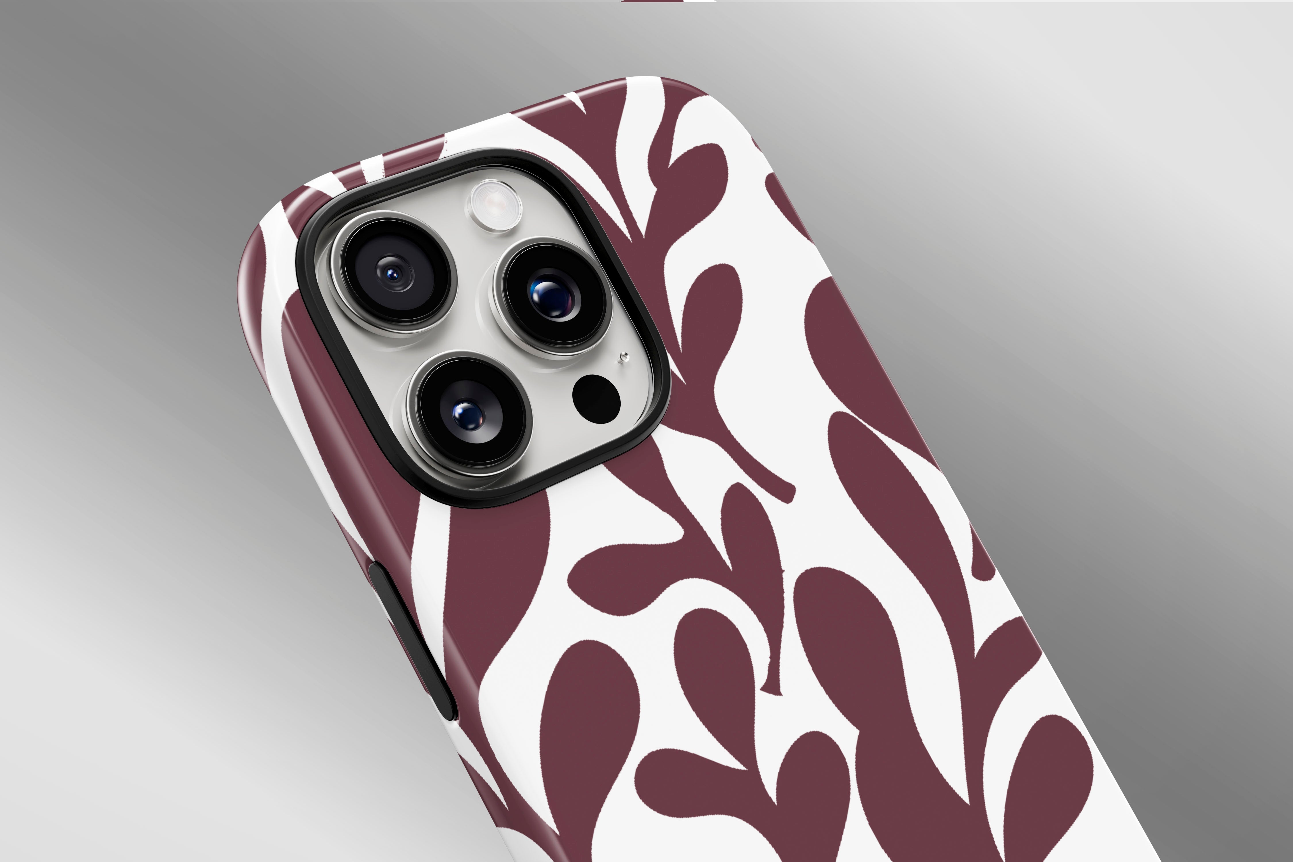 A close up image of a phone case featuring our Port Leaf design