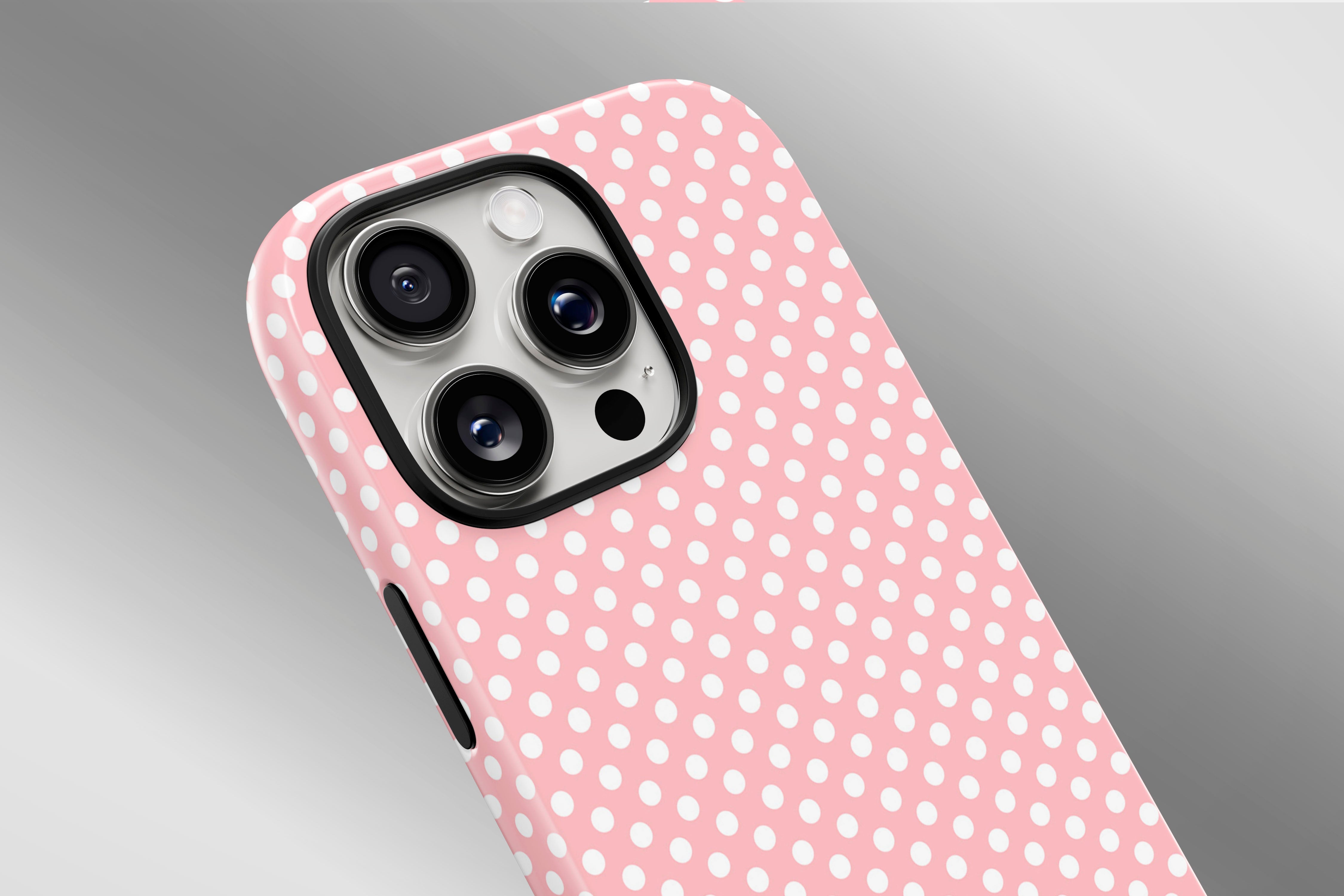 A close up image of a phone case featuring our Pretty Polka Dot design