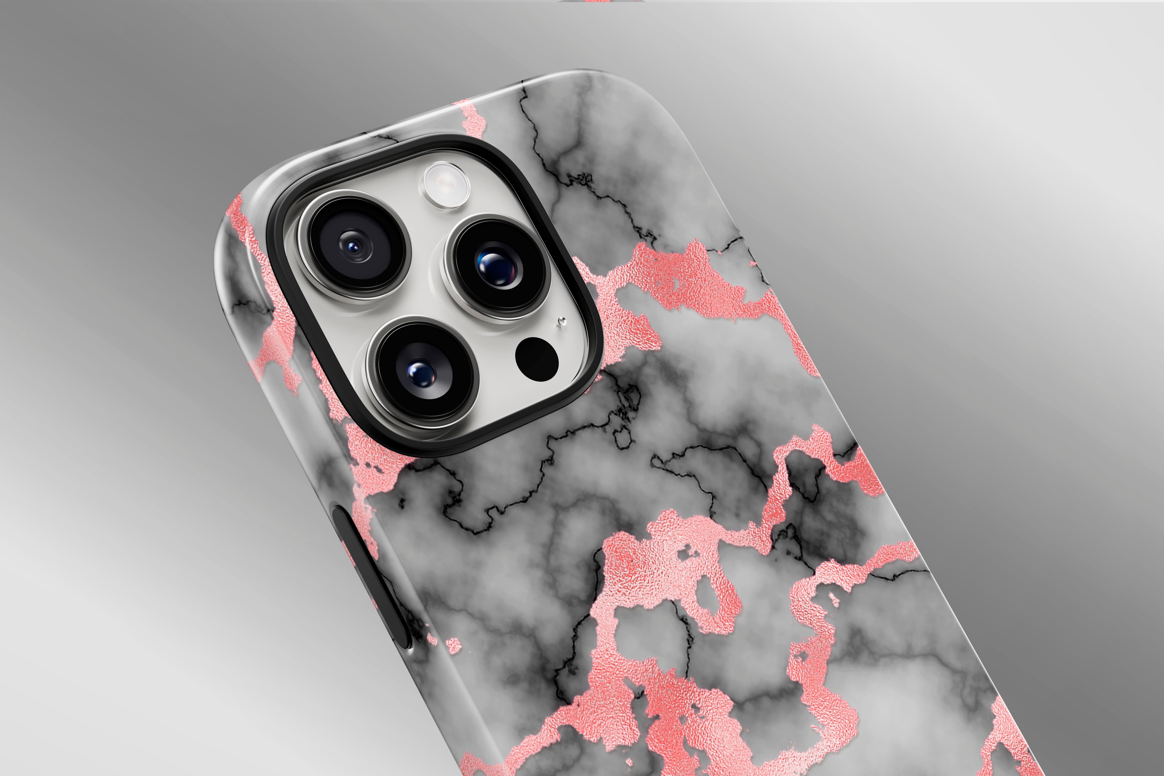 A close up image of a phone case featuring our Rose Marble design