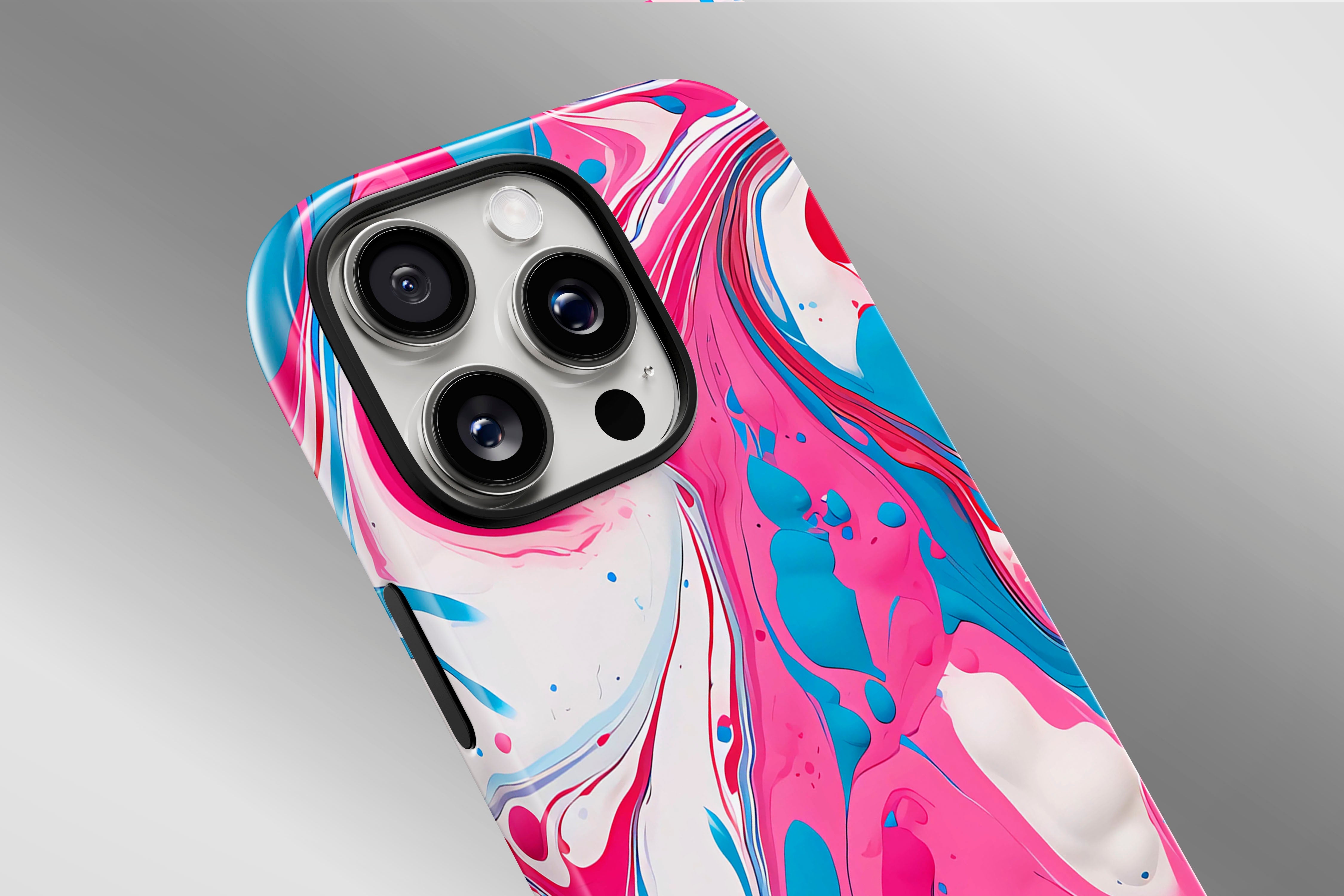 A close up image of a phone case featuring our Splash Down design