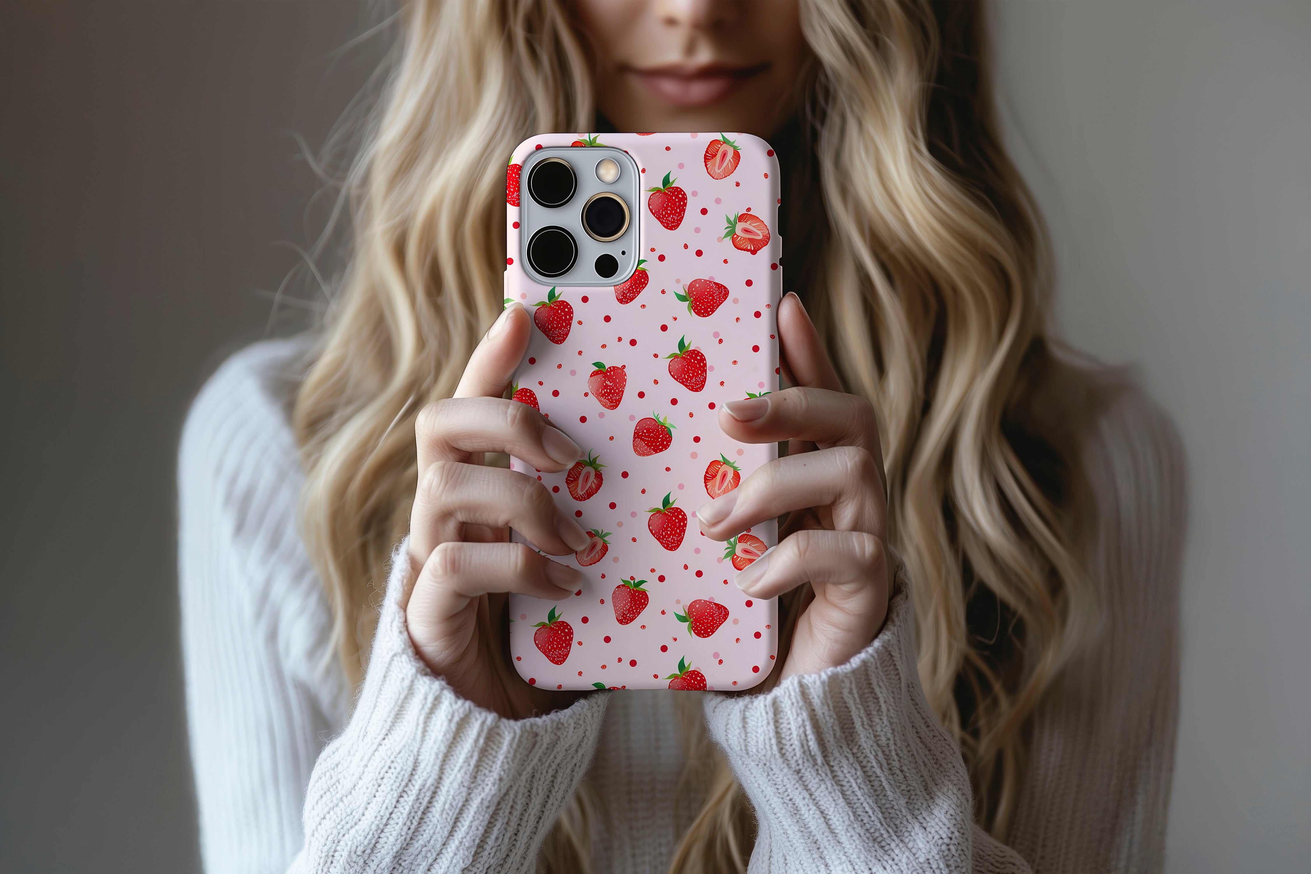 A cute girl holding a phone case featuring our Strawberry Shorty design