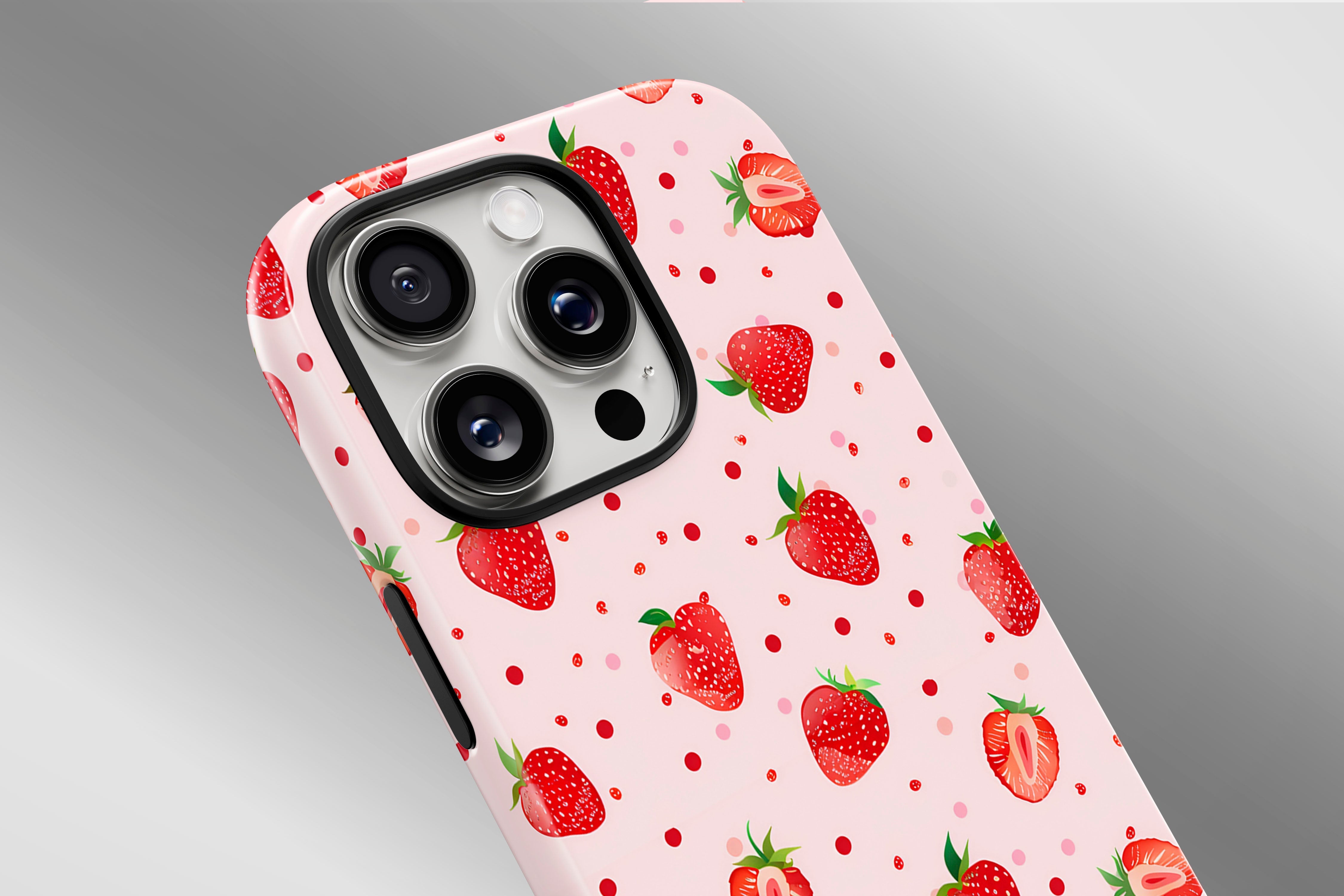 A close up image of a phone case featuring our Strawberry Shorty design