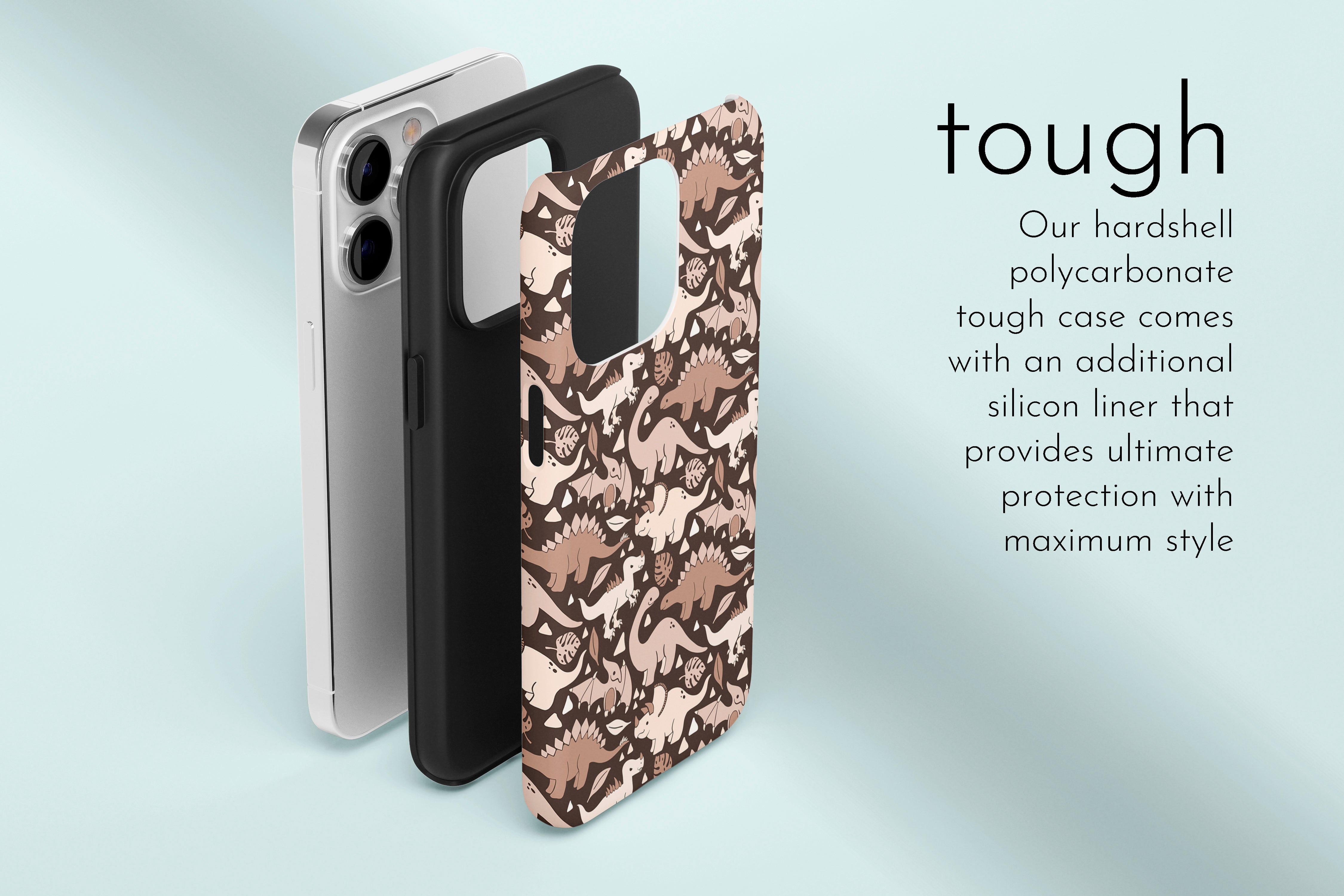 A graphic illustration of our Subtle Dino design describing the main features of our tough type phone case