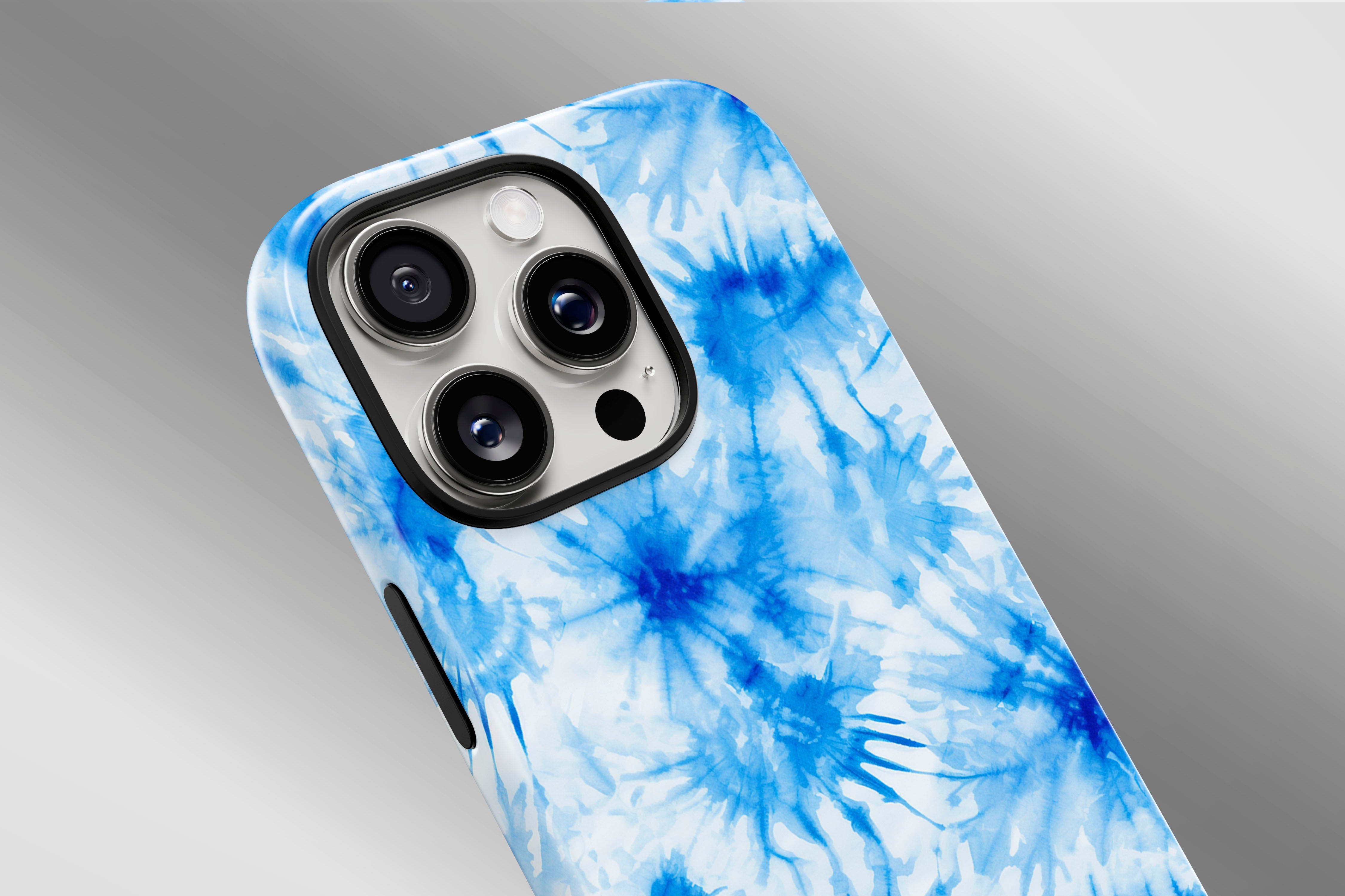A close up image of a phone case featuring our Tie Dye Blue design