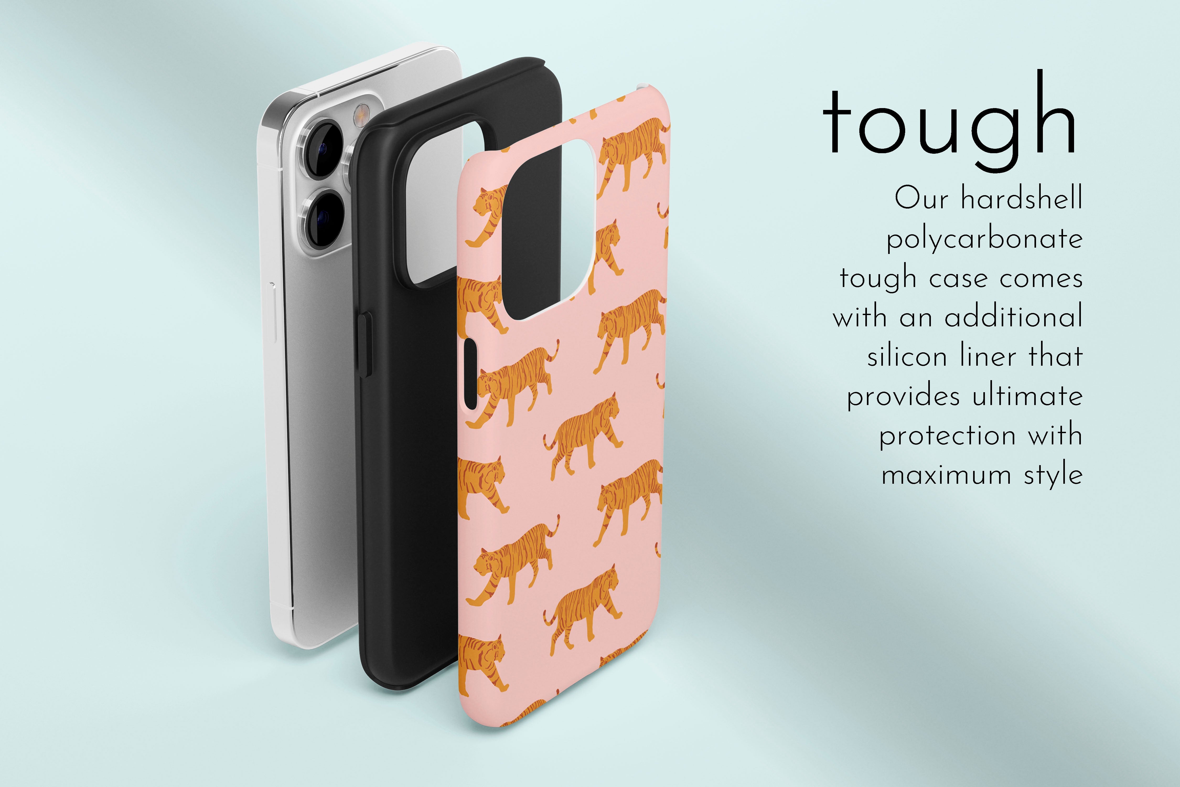A graphic illustration of our Tigers design describing the main features of our tough type phone case