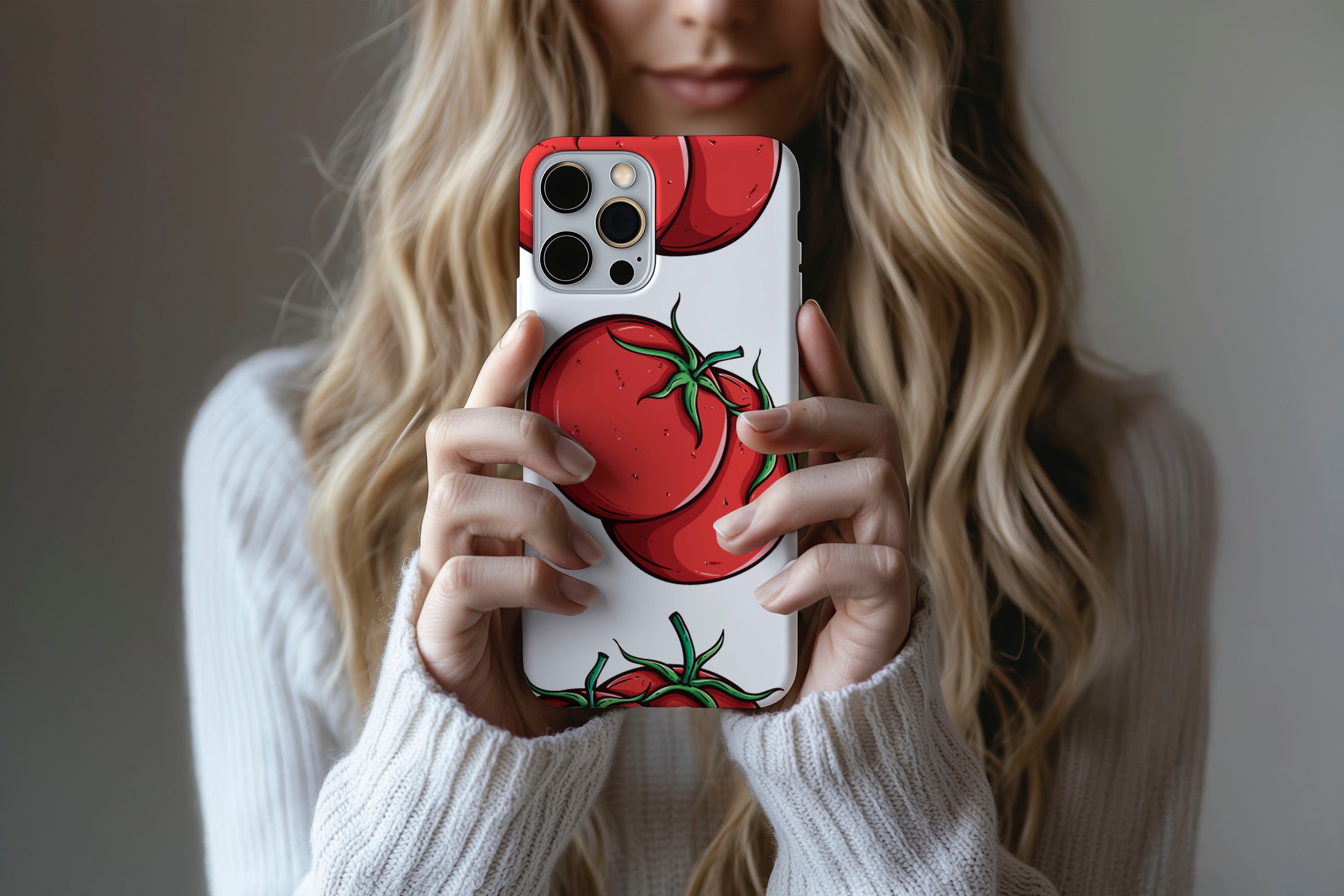 A cute girl holding a phone case featuring our Tomatoes design