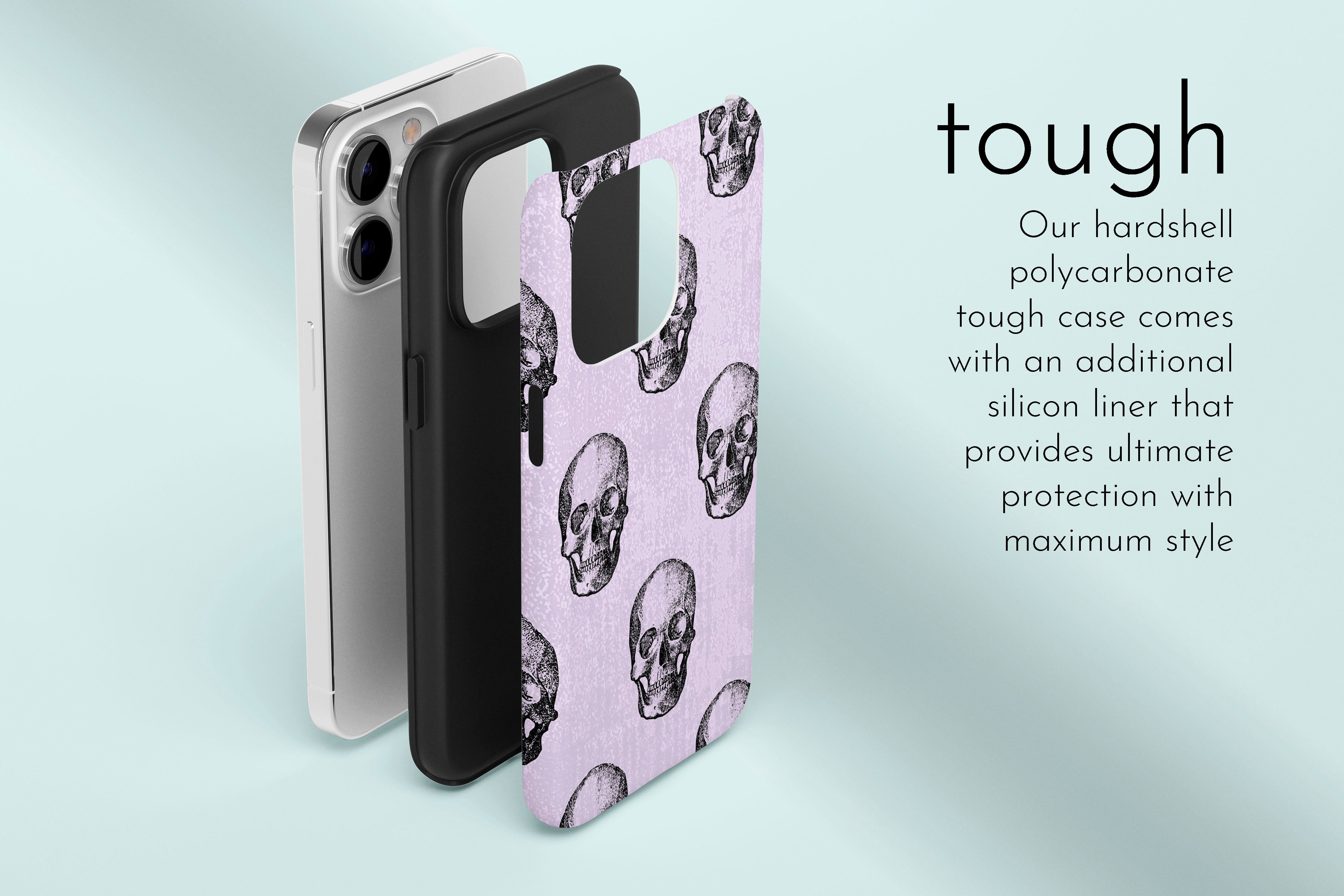A graphic illustration of our Watercolour Skull design describing the main features of our tough type phone case